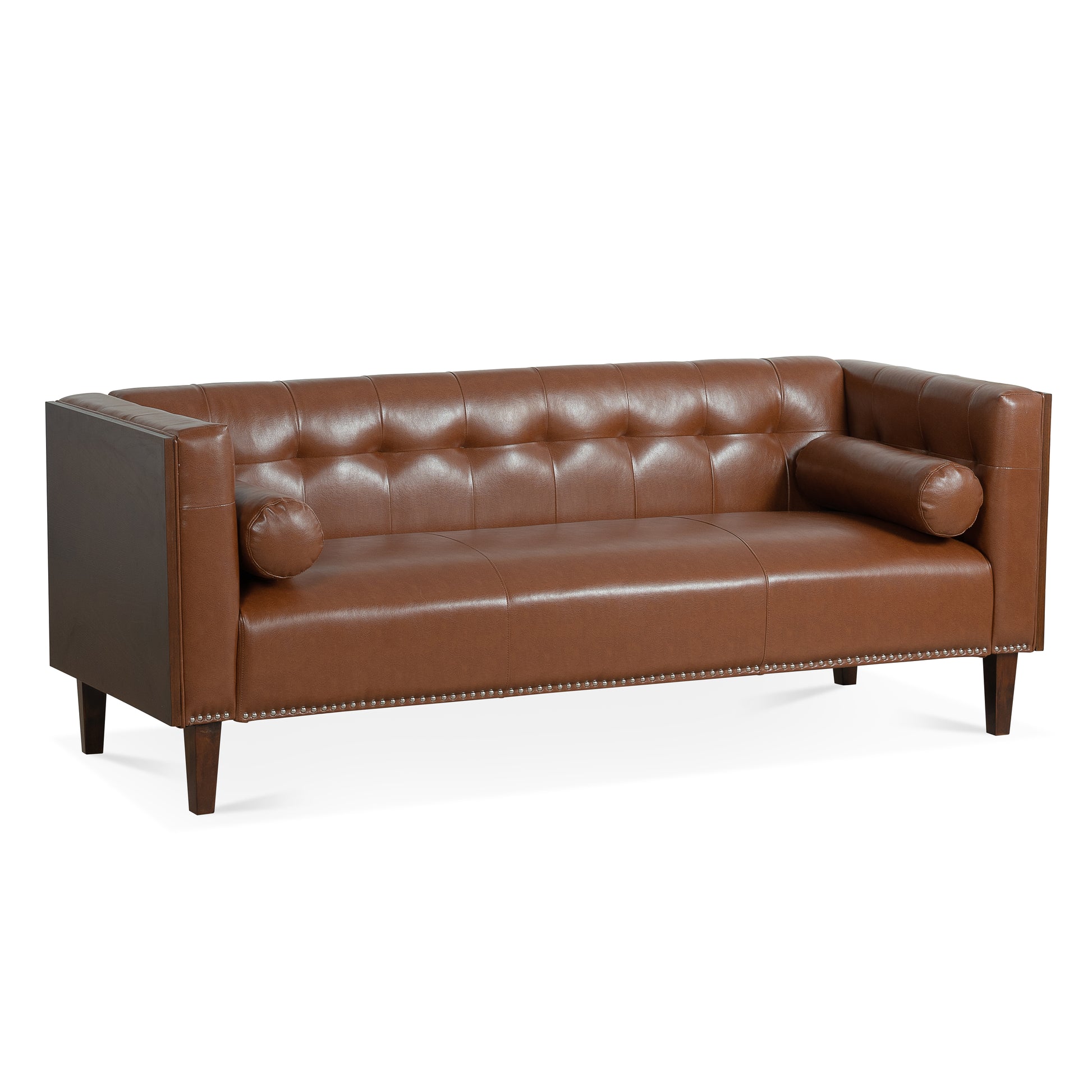 78.74" Wooden Decorated Arm 3 Seater Sofa Brown Pu Pu