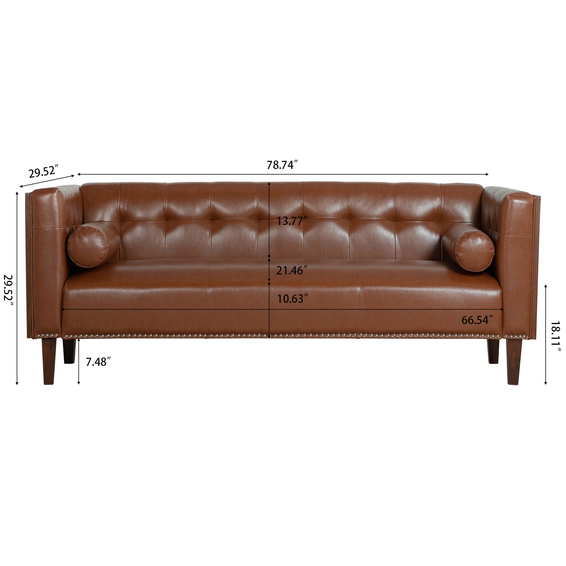 78.74" Wooden Decorated Arm 3 Seater Sofa Brown Pu Pu