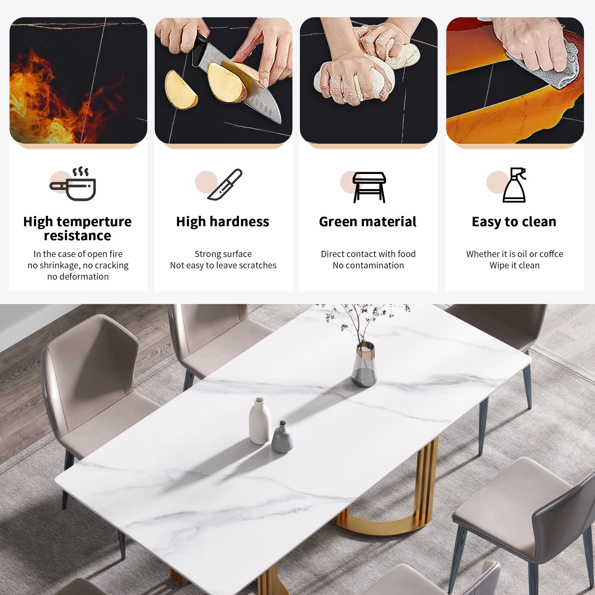 70.87" Modern Artificial Stone White Straight Edge Golden Metal Leg Dining Table Can Accommodate 6 8 People White Metal Sintered Stone