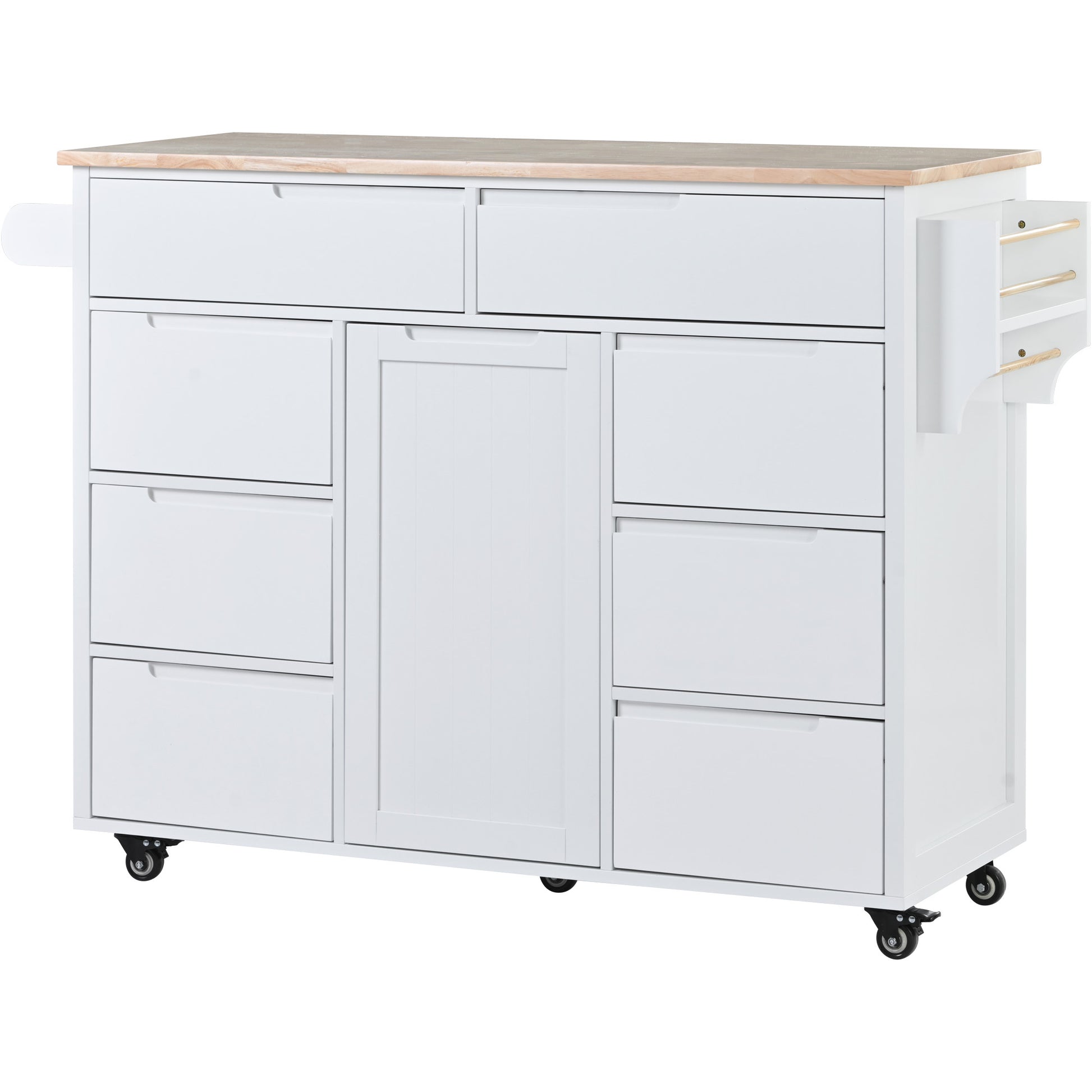 Kitchen Cart With Rubber Wood Countertopkitchen Island Has 8 Handle Free Drawers Including A Flatware Organizer And 5 Wheels For Kitchen Dinning Room, White White Mdf