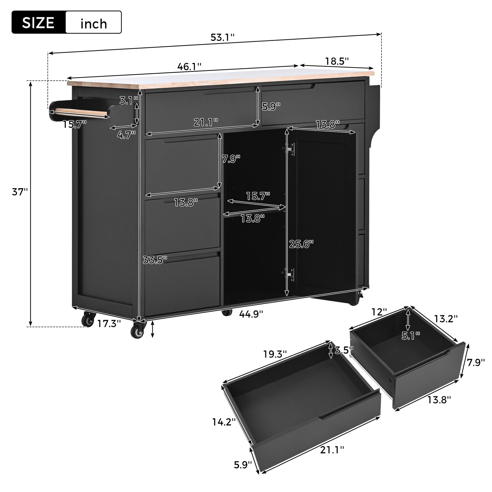 Kitchen Cart With Rubber Wood Countertopkitchen Island Has 8 Handle Free Drawers Including A Flatware Organizer And 5 Wheels For Kitchen Dinning Room, Black Black Mdf