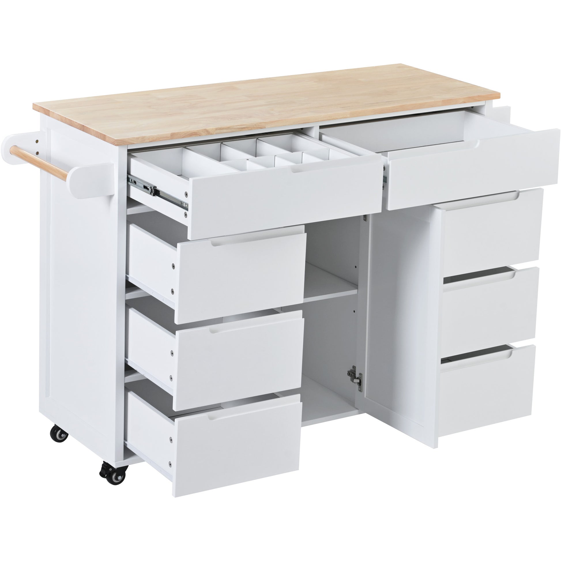 Kitchen Cart With Rubber Wood Countertopkitchen Island Has 8 Handle Free Drawers Including A Flatware Organizer And 5 Wheels For Kitchen Dinning Room, White White Mdf