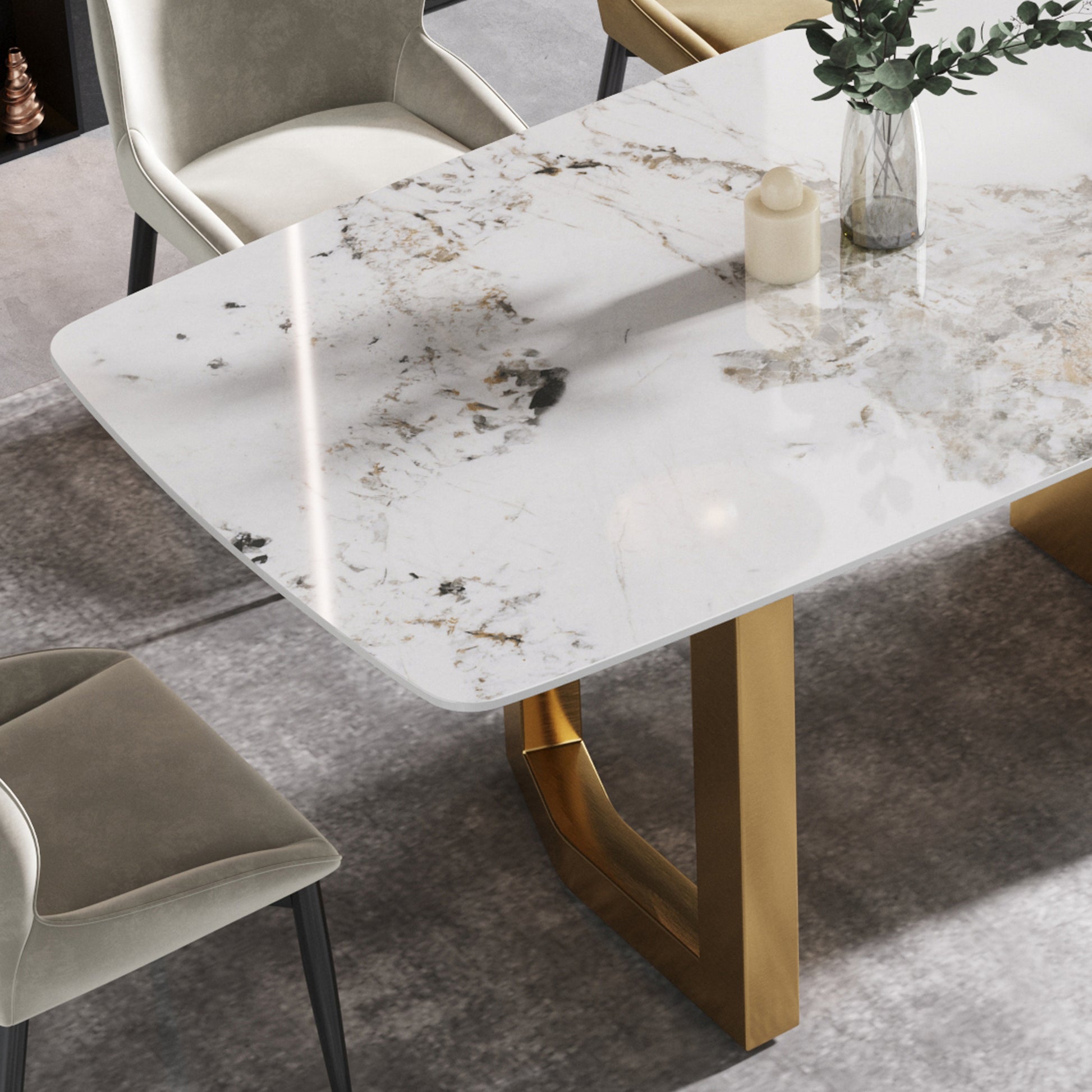 70.87"Modern Artificial Stone Pandora White Curved Golden Metal Leg Dining Table Can Accommodate 6 8 People Antique White Metal Sintered Stone
