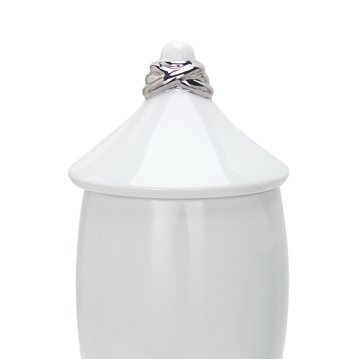 White Ceramic Decorative Jar With Silver Accent And Lid White Ceramic