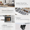 Kitchen Cart With Rubber Wood Countertopkitchen Island Has 8 Handle Free Drawers Including A Flatware Organizer And 5 Wheels For Kitchen Dinning Room, White White Mdf