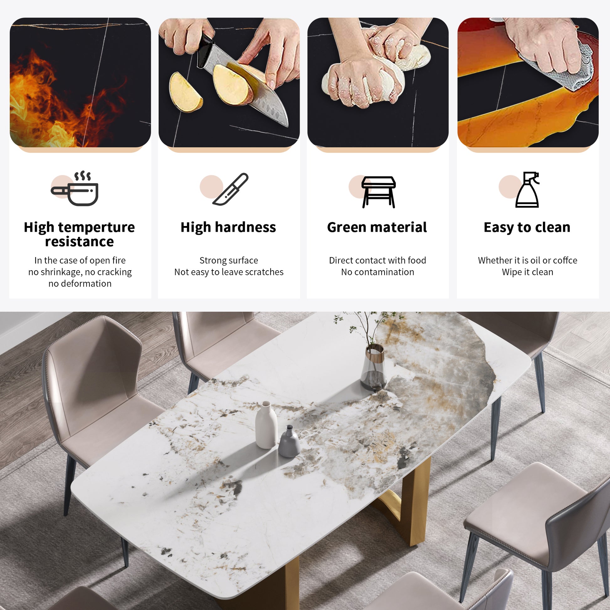 70.87"Modern Artificial Stone Pandora White Curved Golden Metal Leg Dining Table Can Accommodate 6 8 People Antique White Metal Sintered Stone