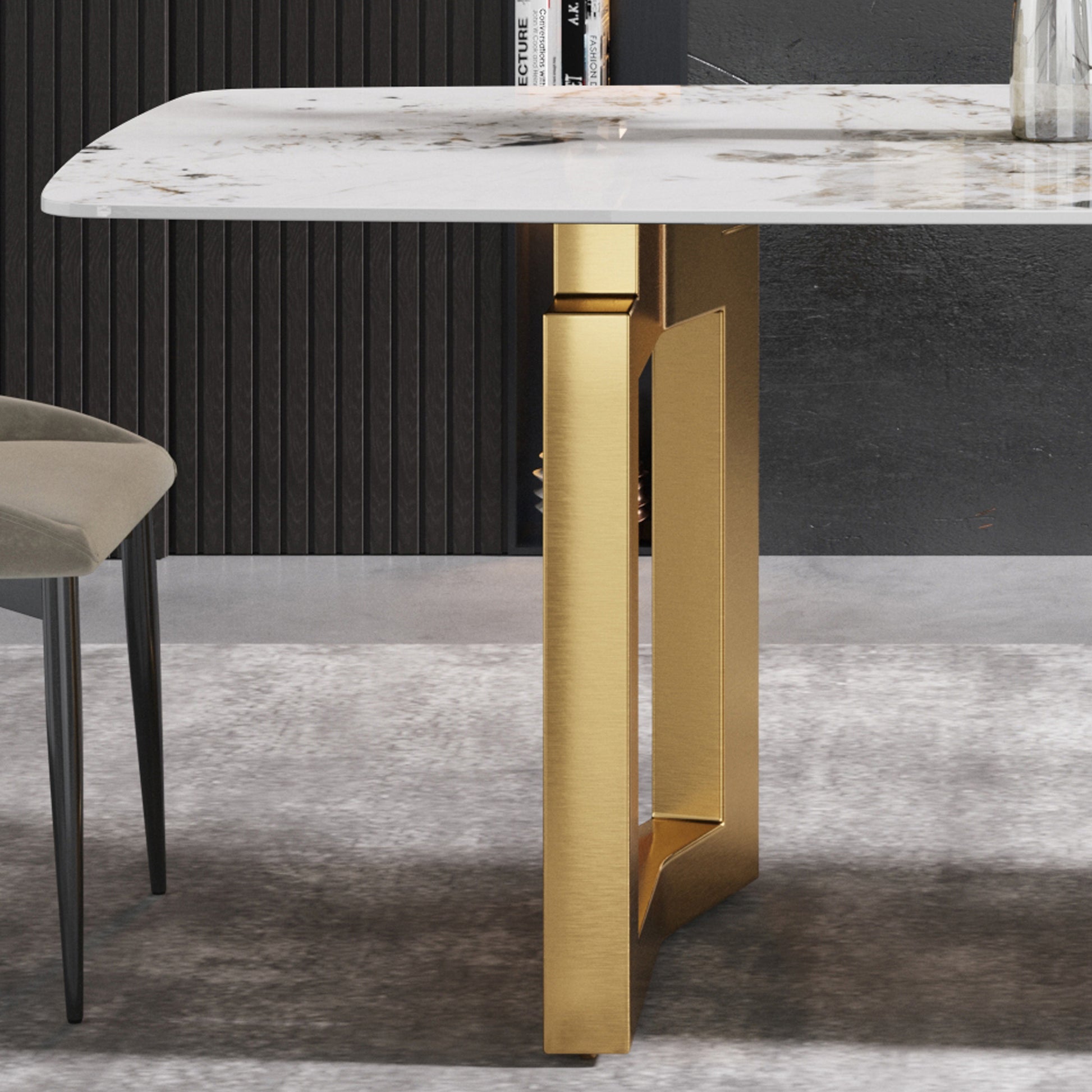 70.87"Modern Artificial Stone Pandora White Curved Golden Metal Leg Dining Table Can Accommodate 6 8 People Antique White Metal Sintered Stone