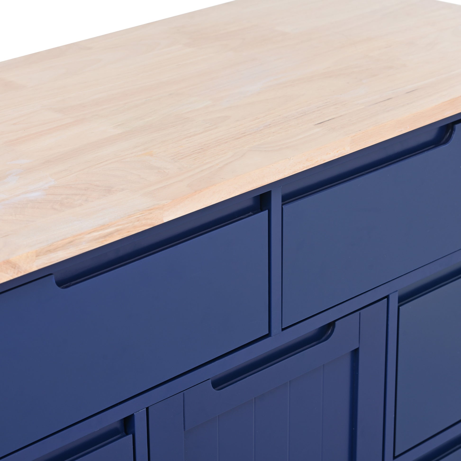 Kitchen Cart With Rubber Wood Countertopkitchen Island Has 8 Handle Free Drawers Including A Flatware Organizer And 5 Wheels For Kitchen Dinning Room, Dark Blue Blue Mdf