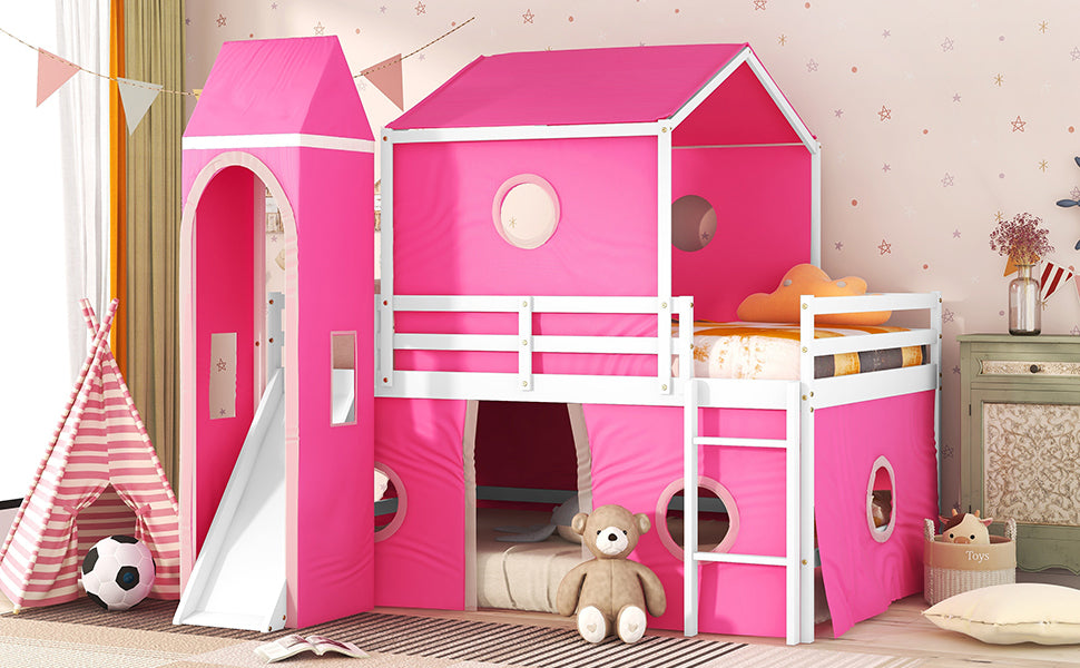 Full Size Loft Bed With Slide Pink Tent And Tower Pink Full Pink Solid Wood