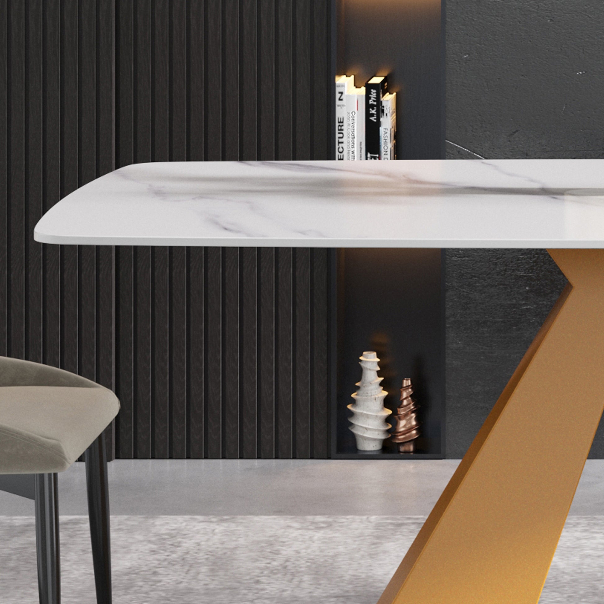 63"Modern Artificial Stone White Curved Golden Metal Leg Dining Table 6 People White Metal Sintered Stone