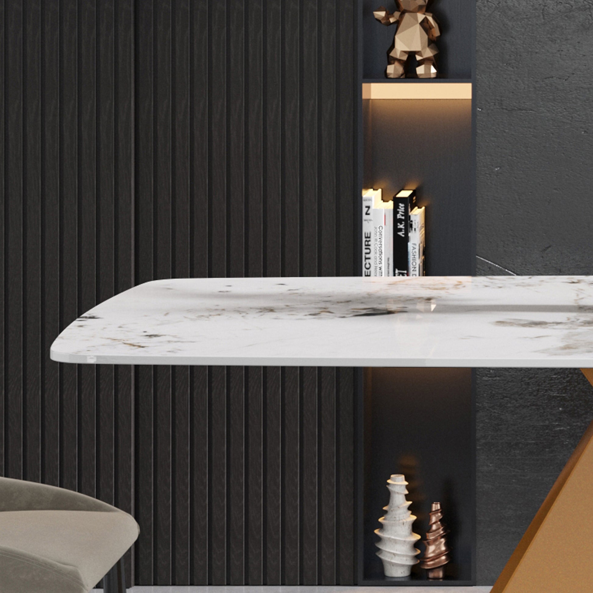 63"Modern Artificial Stone Pandora White Curved Golden Metal Leg Dining Table 6 People Antique White Metal Sintered Stone