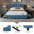 Queen Size Upholstered Platform Bed Linen Bed Frame With 2 Drawers Stitched Padded Headboard With Rivets Design Strong Bed Slats System No Box Spring Needed Blue Queen Blue Cotton Linen