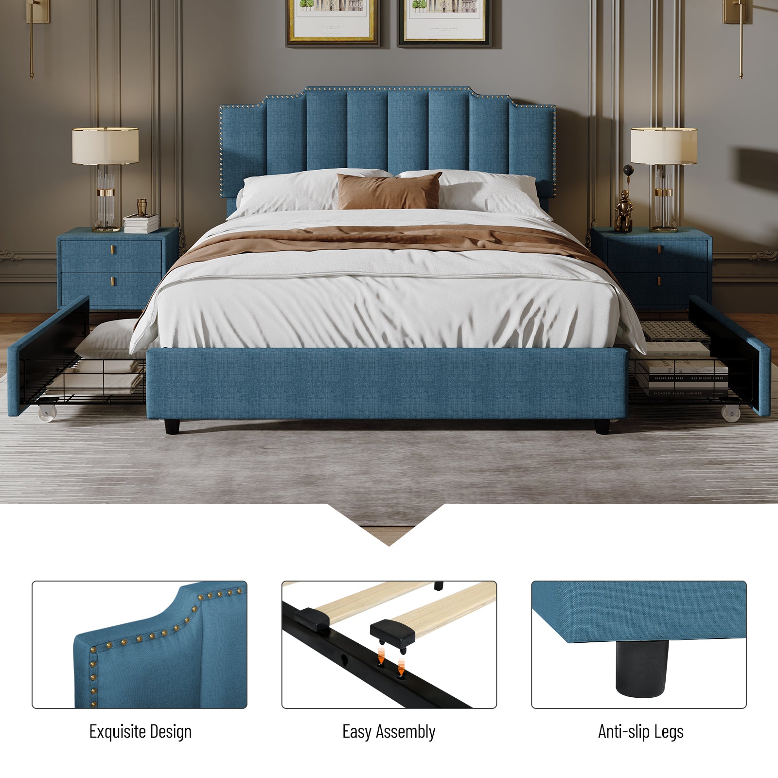 Queen Size Upholstered Platform Bed Linen Bed Frame With 2 Drawers Stitched Padded Headboard With Rivets Design Strong Bed Slats System No Box Spring Needed Blue Queen Blue Cotton Linen