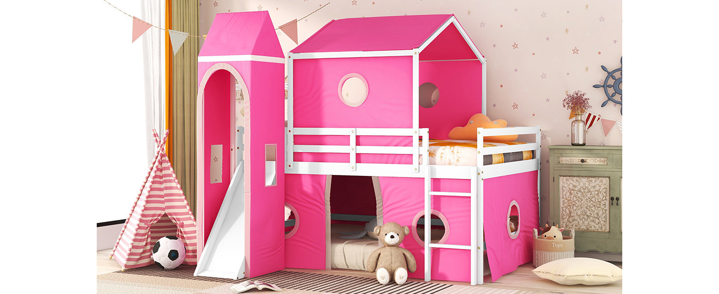 Full Size Loft Bed With Slide Pink Tent And Tower Pink Full Pink Solid Wood