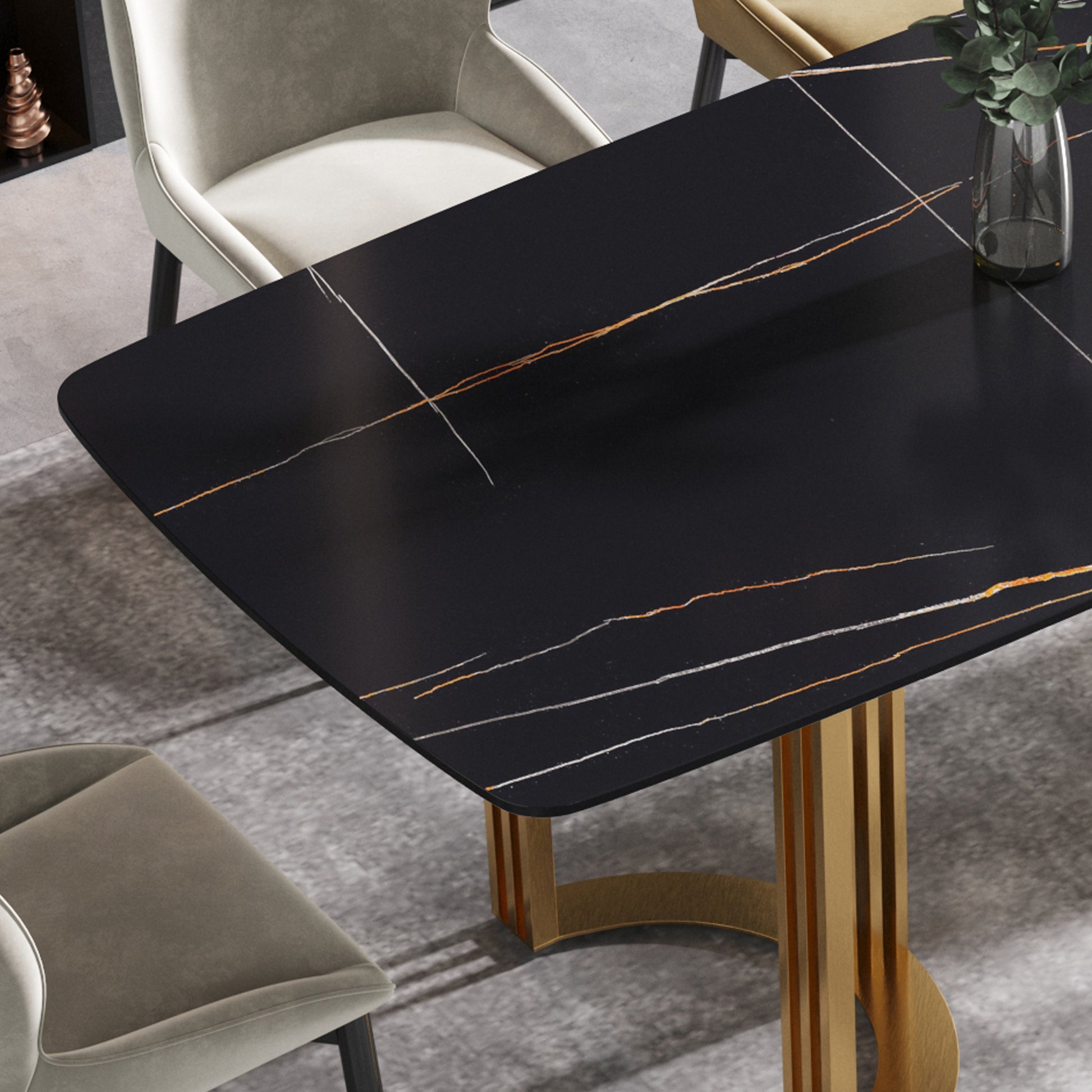 63"Modern Artificial Stone Black Curved Golden Metal Leg Dining Table 6 People Black Metal Sintered Stone