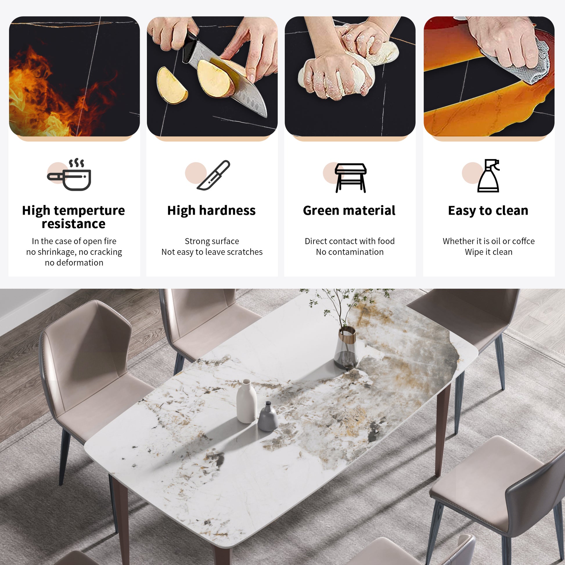 63"Modern Artificial Stone Pandora White Curved Metal Leg Dining Table 6 People Antique White Metal Sintered Stone