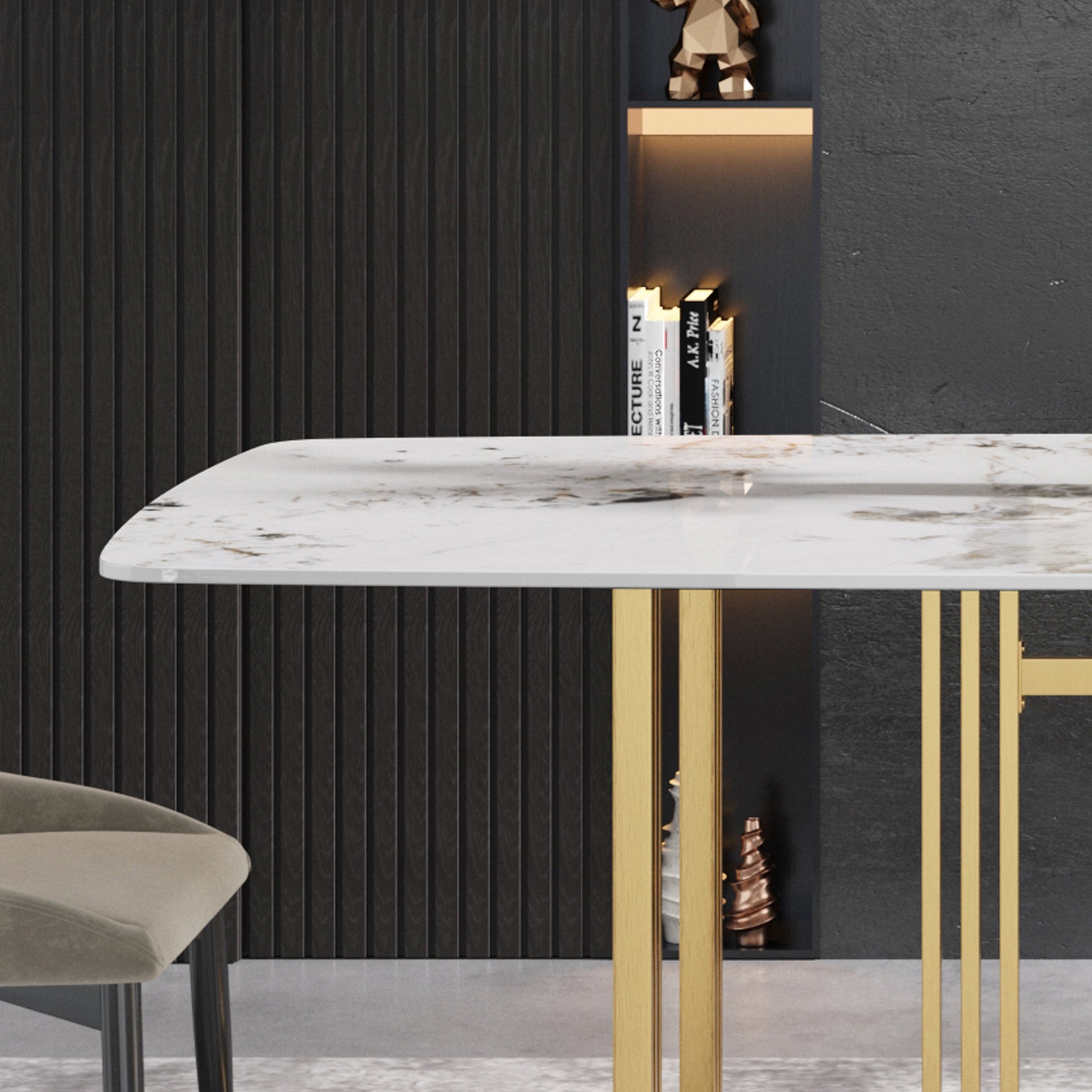 63"Modern Artificial Stone Pandora White Curved Golden Metal Leg Dining Table 6 People Antique White Metal Sintered Stone