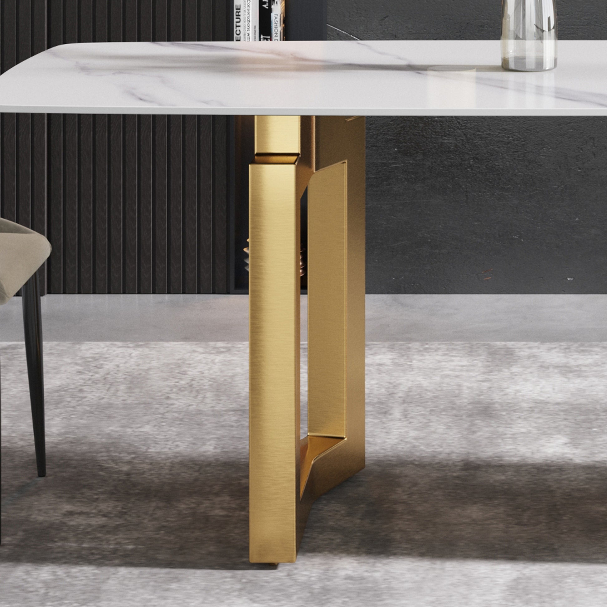63"Modern Artificial Stone White Curved Golden Metal Leg Dining Table 6 People White Metal Sintered Stone