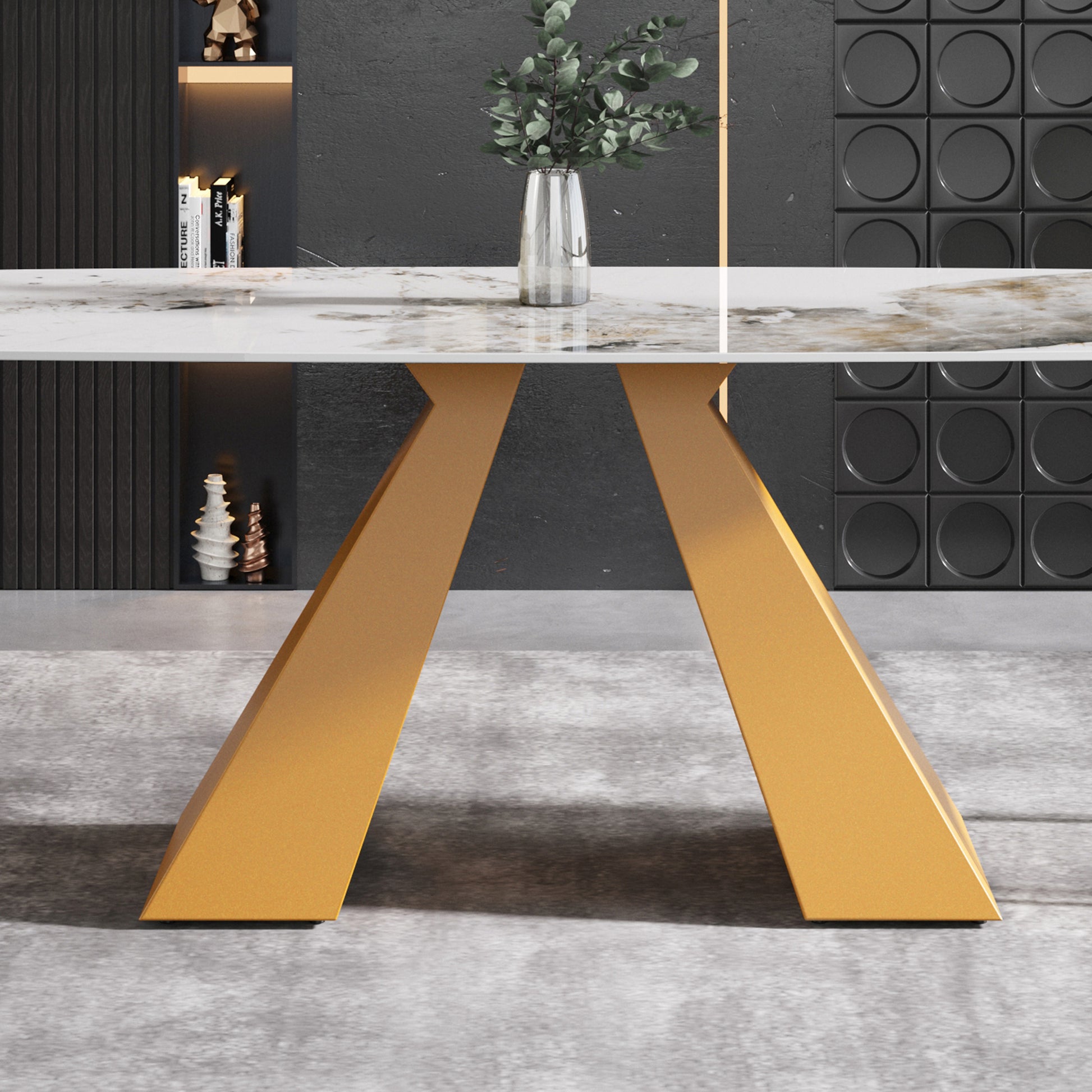 63"Modern Artificial Stone Pandora White Curved Golden Metal Leg Dining Table 6 People Antique White Metal Sintered Stone