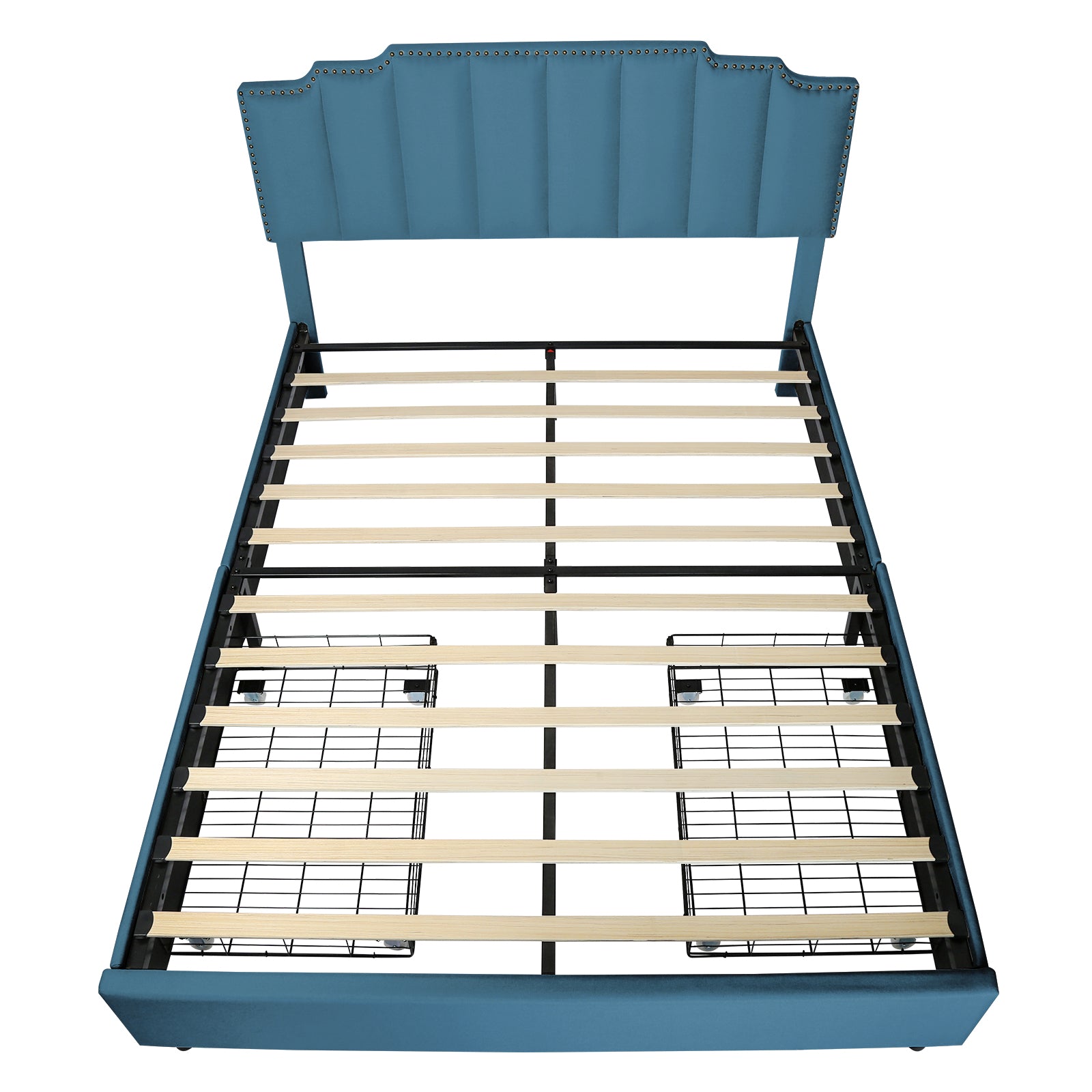 Queen Size Upholstered Platform Bed Linen Bed Frame With 2 Drawers Stitched Padded Headboard With Rivets Design Strong Bed Slats System No Box Spring Needed Blue Queen Blue Cotton Linen