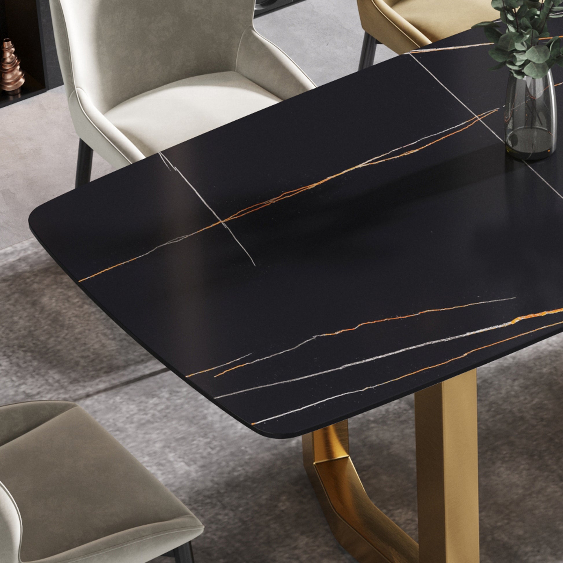 63"Modern Artificial Stone Black Curved Golden Metal Leg Dining Table 6 People Black Metal Sintered Stone