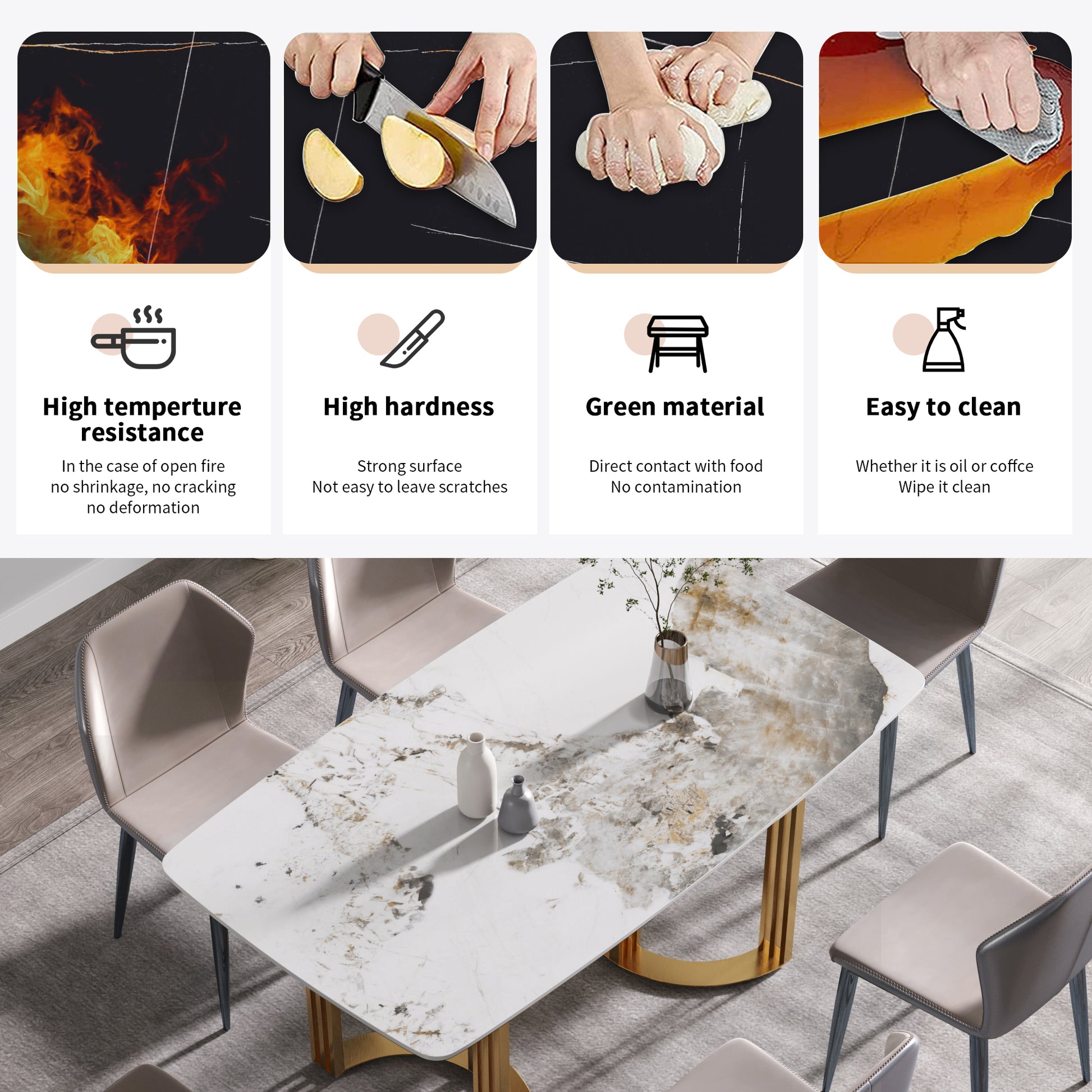 63"Modern Artificial Stone Pandora White Curved Golden Metal Leg Dining Table 6 People Antique White Metal Sintered Stone