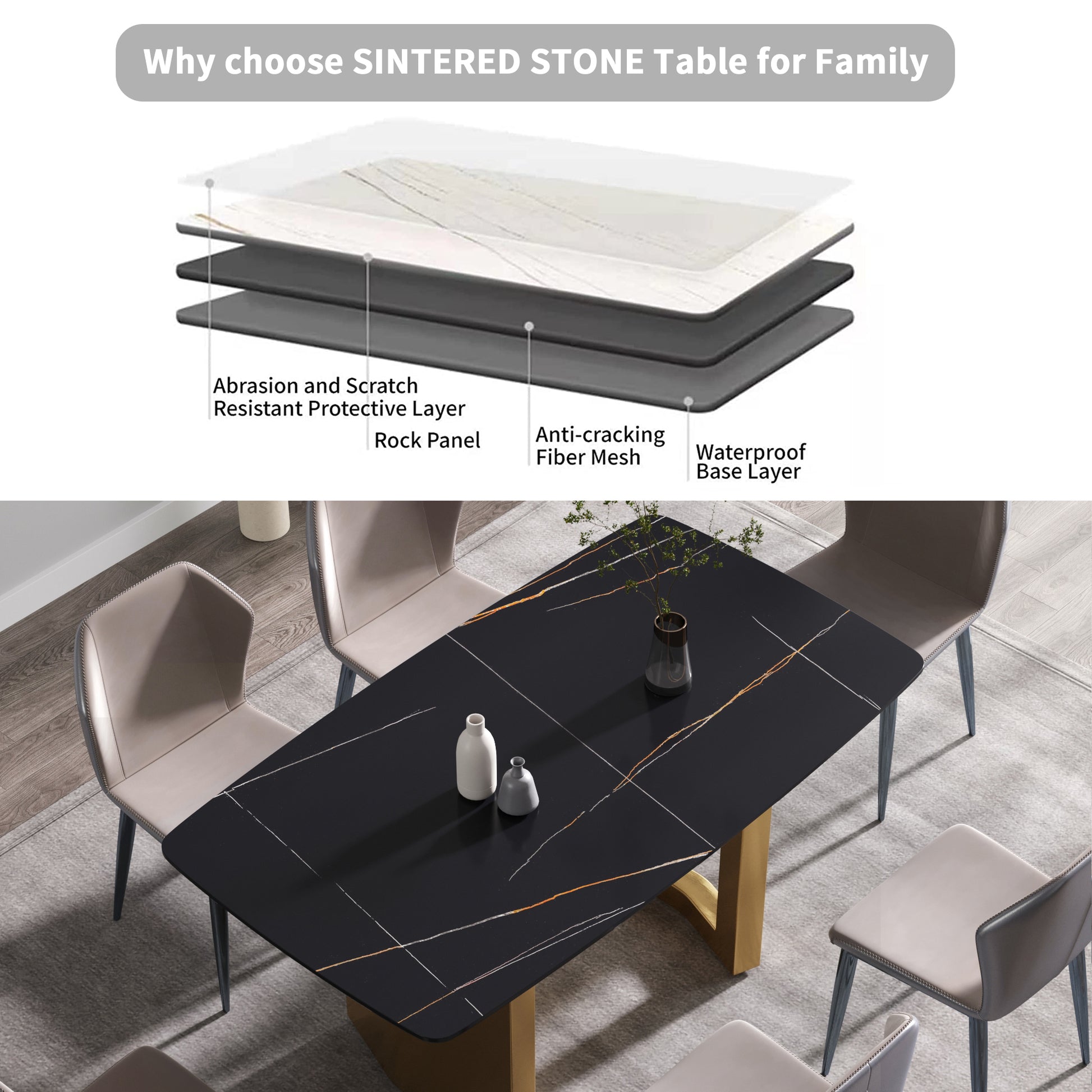 63"Modern Artificial Stone Black Curved Golden Metal Leg Dining Table 6 People Black Metal Sintered Stone