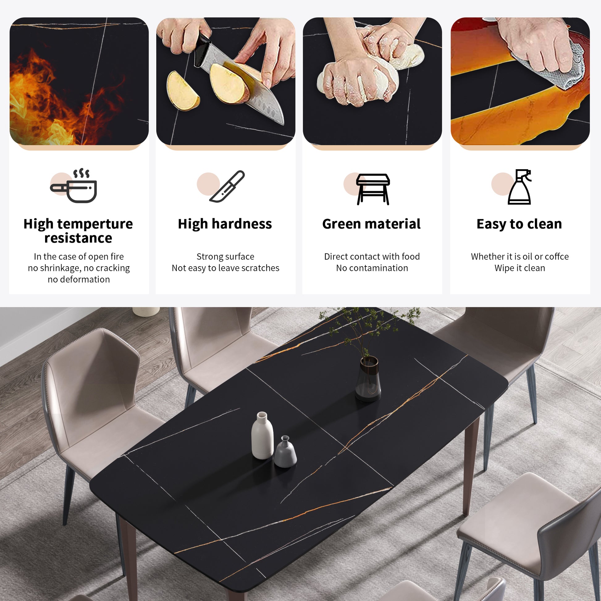 63"Modern Artificial Stone Black Curved Metal Leg Dining Table 6 People Black Metal Sintered Stone