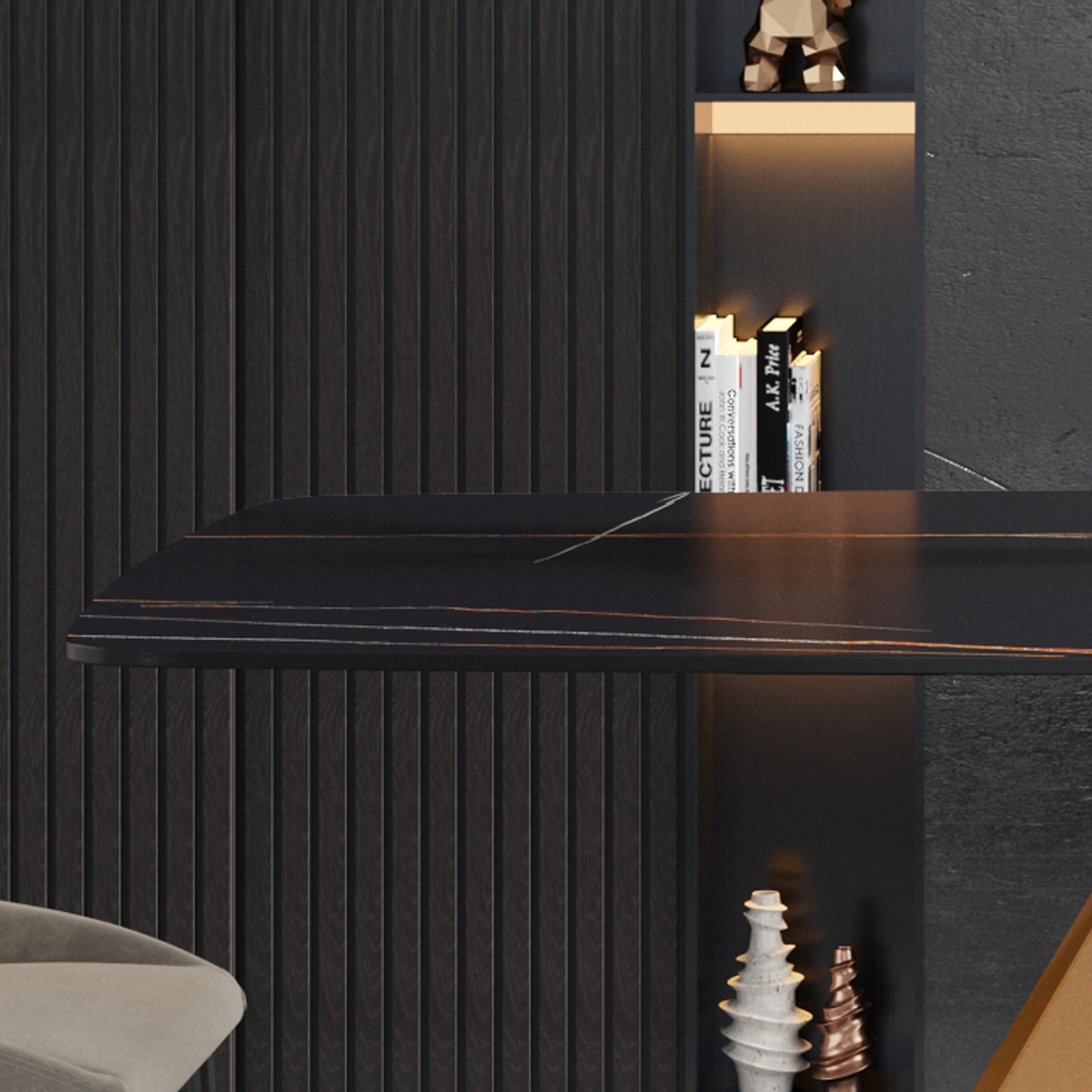 63"Modern Artificial Stone Black Curved Golden Metal Leg Dining Table 6 People Black Metal Sintered Stone