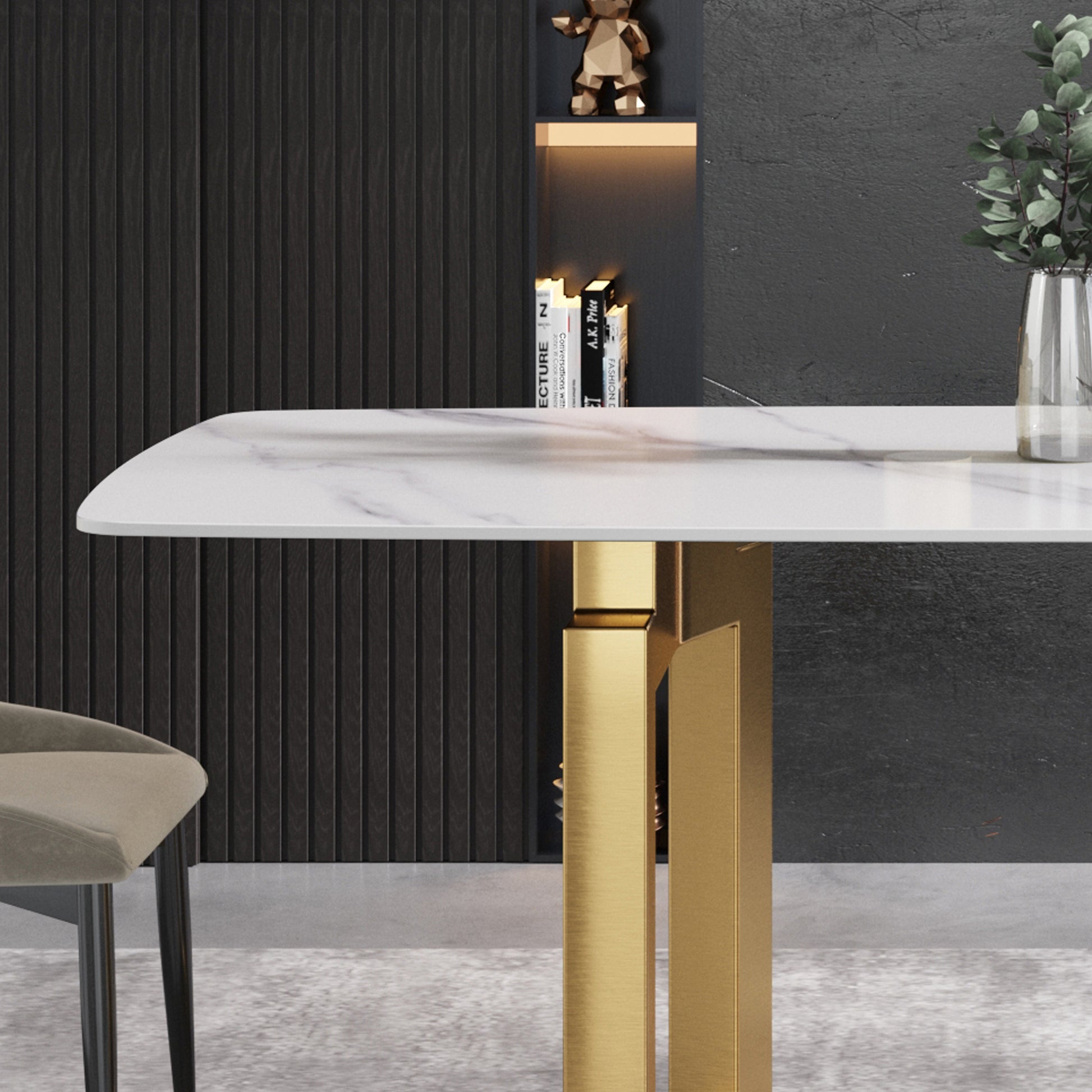 63"Modern Artificial Stone White Curved Golden Metal Leg Dining Table 6 People White Metal Sintered Stone