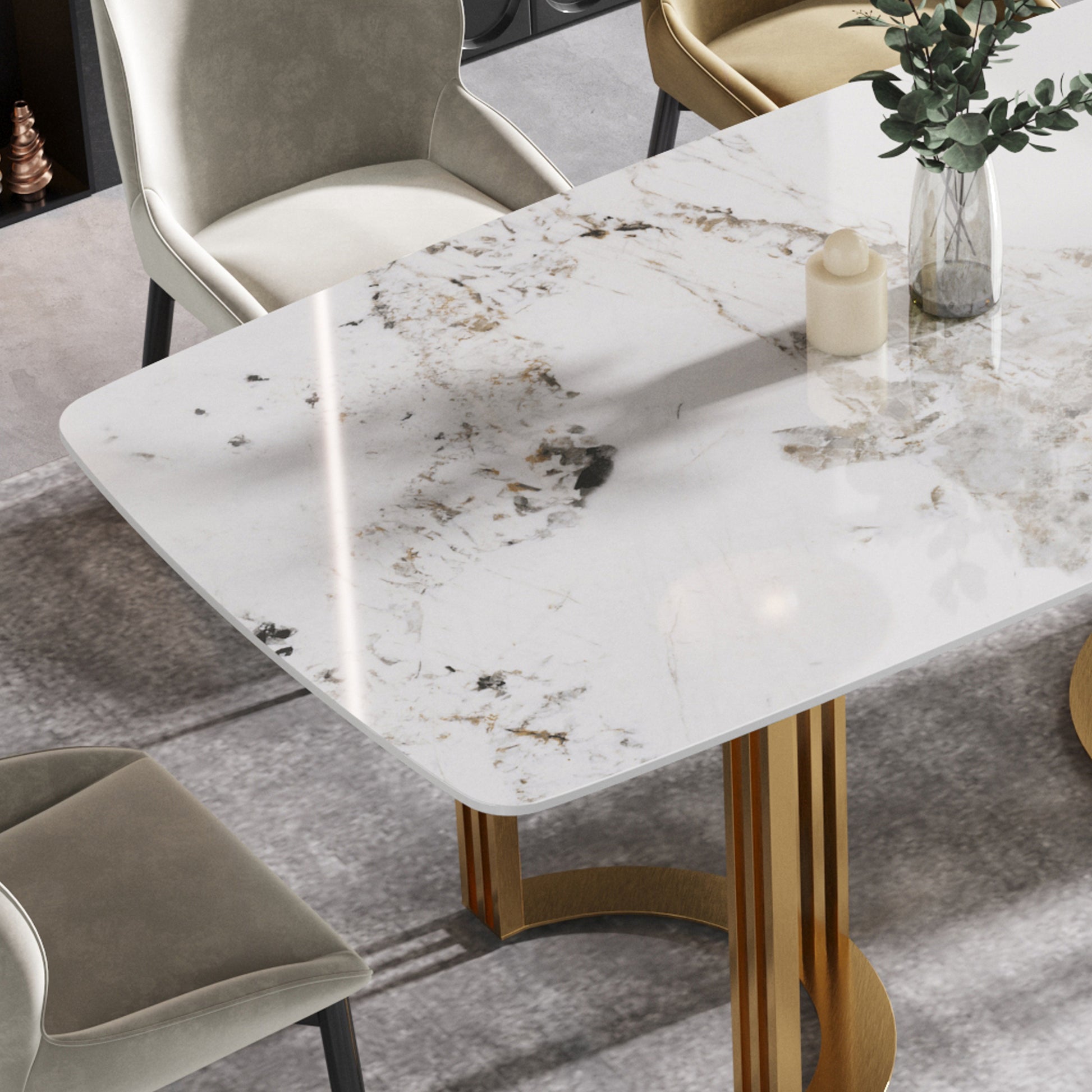 63"Modern Artificial Stone Pandora White Curved Golden Metal Leg Dining Table 6 People Antique White Metal Sintered Stone