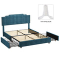 Queen Size Upholstered Platform Bed Linen Bed Frame With 2 Drawers Stitched Padded Headboard With Rivets Design Strong Bed Slats System No Box Spring Needed Blue Queen Blue Cotton Linen