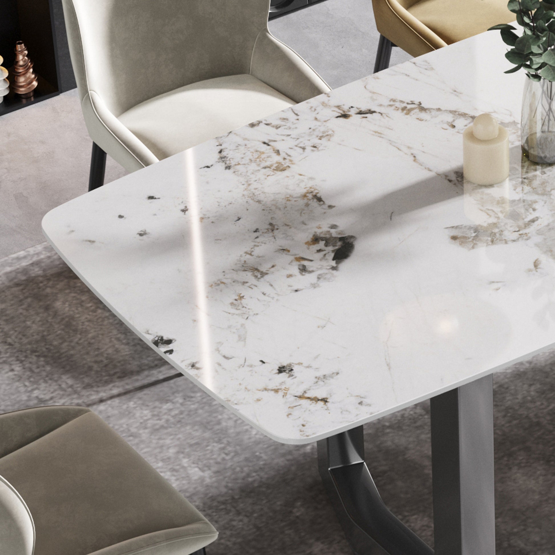 63"Modern Artificial Stone Pandora White Curved Black Metal Leg Dining Table 6 People Antique White Metal Sintered Stone