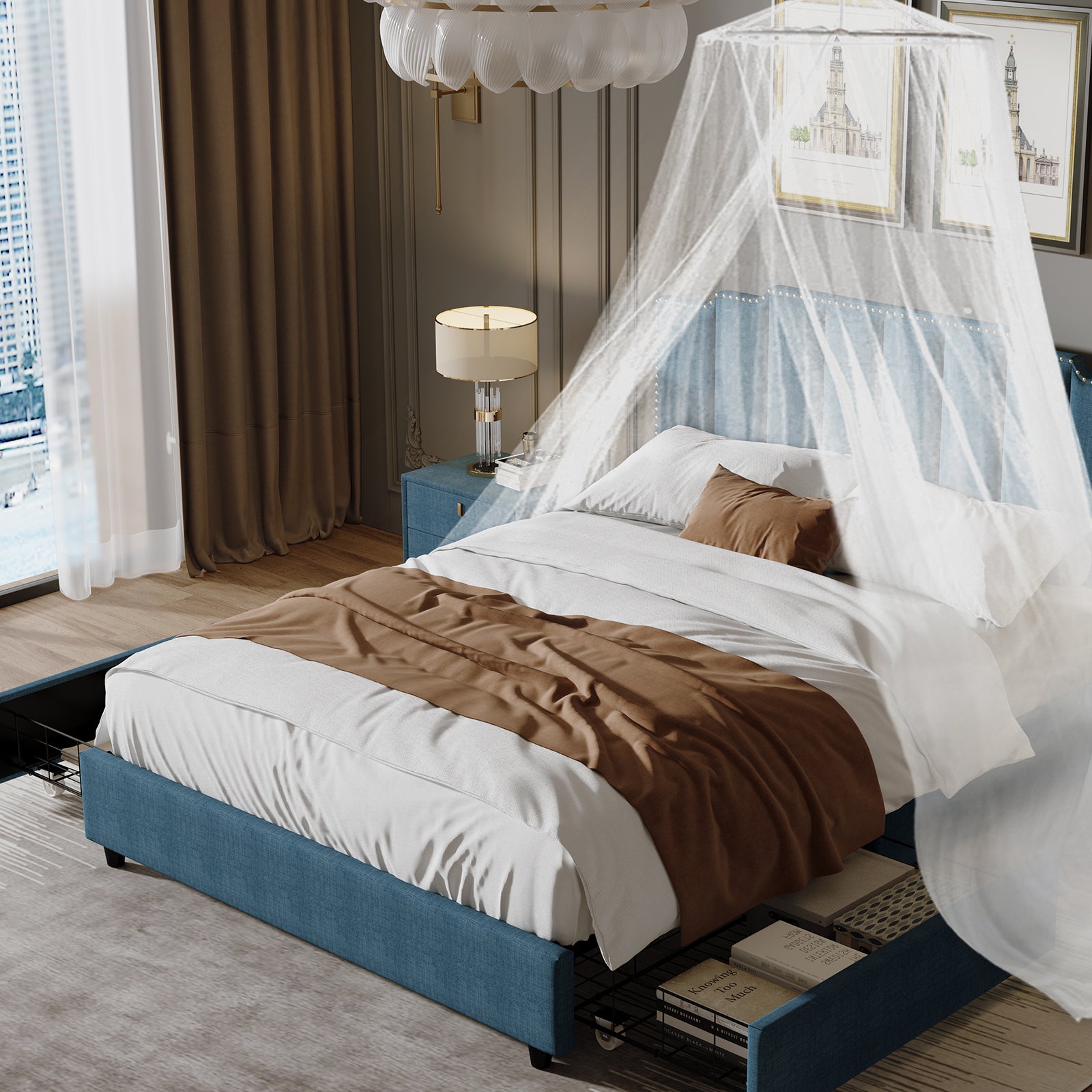 Queen Size Upholstered Platform Bed Linen Bed Frame With 2 Drawers Stitched Padded Headboard With Rivets Design Strong Bed Slats System No Box Spring Needed Blue Queen Blue Cotton Linen