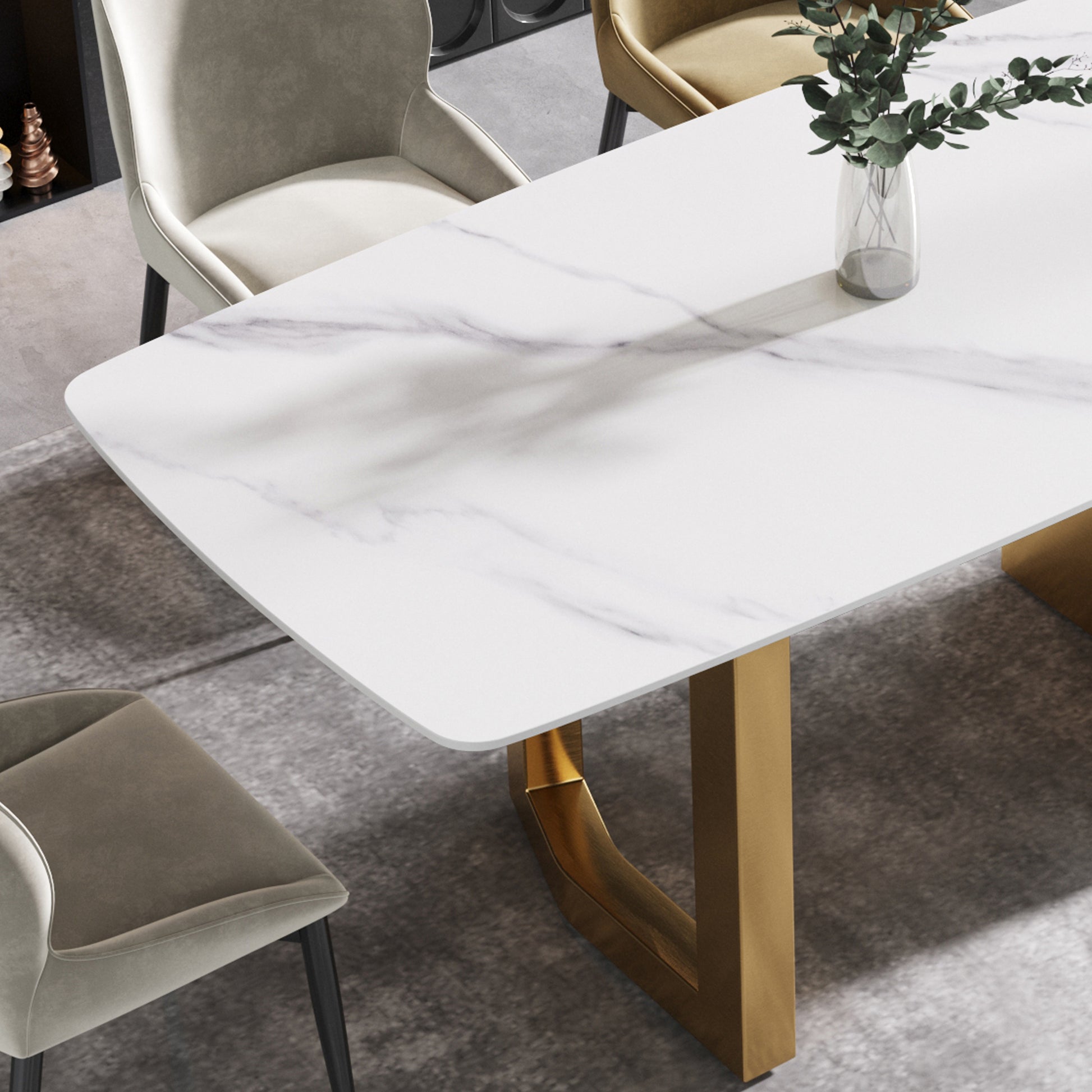 63"Modern Artificial Stone White Curved Golden Metal Leg Dining Table 6 People White Metal Sintered Stone