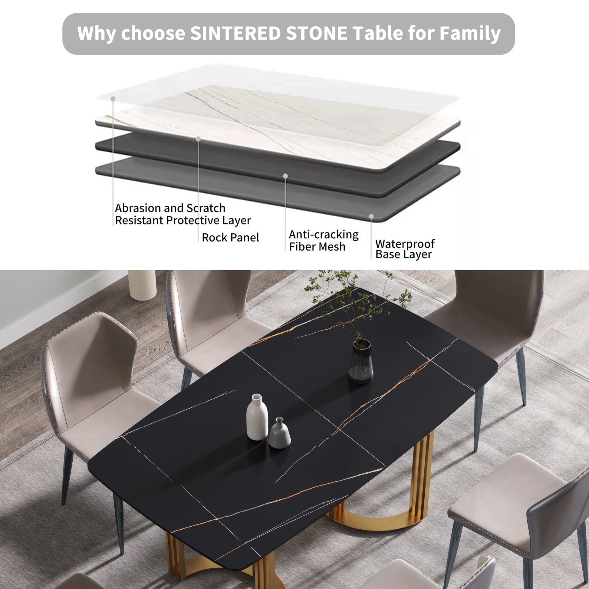 63"Modern Artificial Stone Black Curved Golden Metal Leg Dining Table 6 People Black Metal Sintered Stone