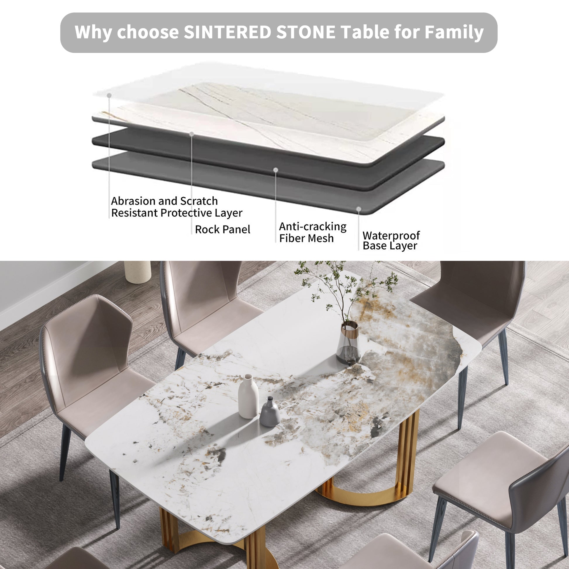 63"Modern Artificial Stone Pandora White Curved Golden Metal Leg Dining Table 6 People Antique White Metal Sintered Stone