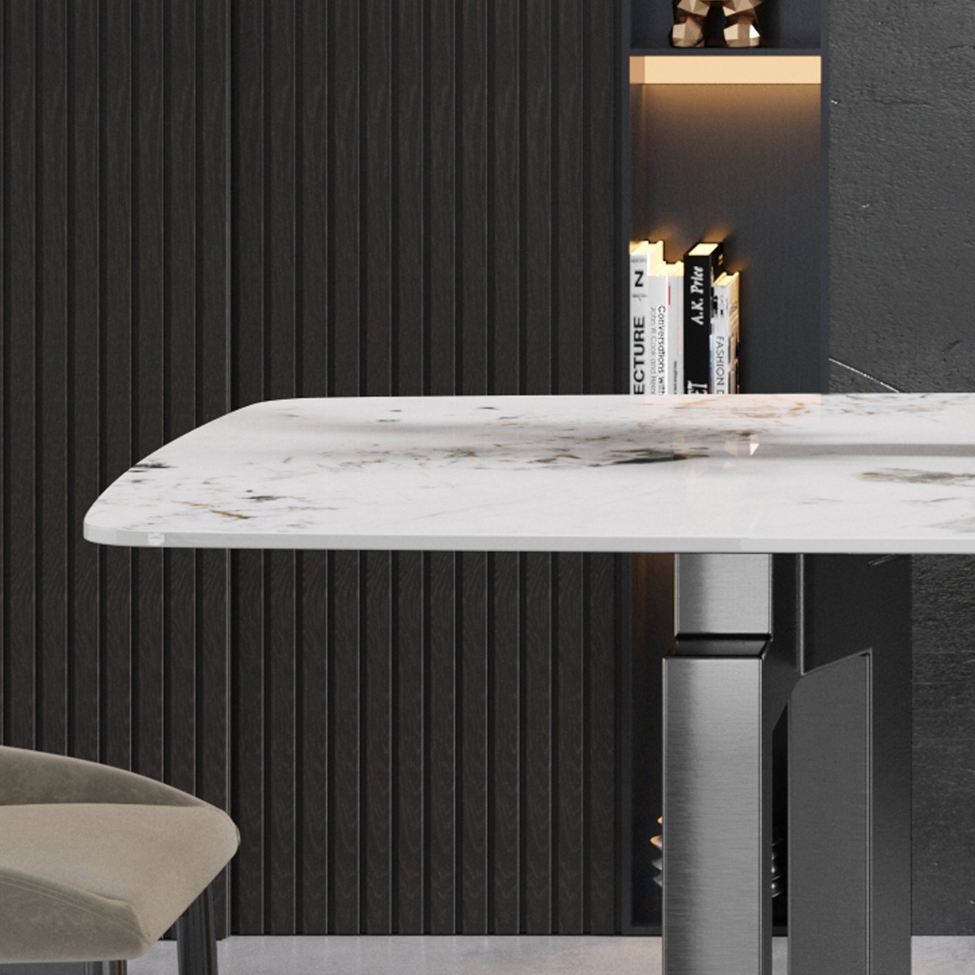 63"Modern Artificial Stone Pandora White Curved Black Metal Leg Dining Table 6 People Antique White Metal Sintered Stone