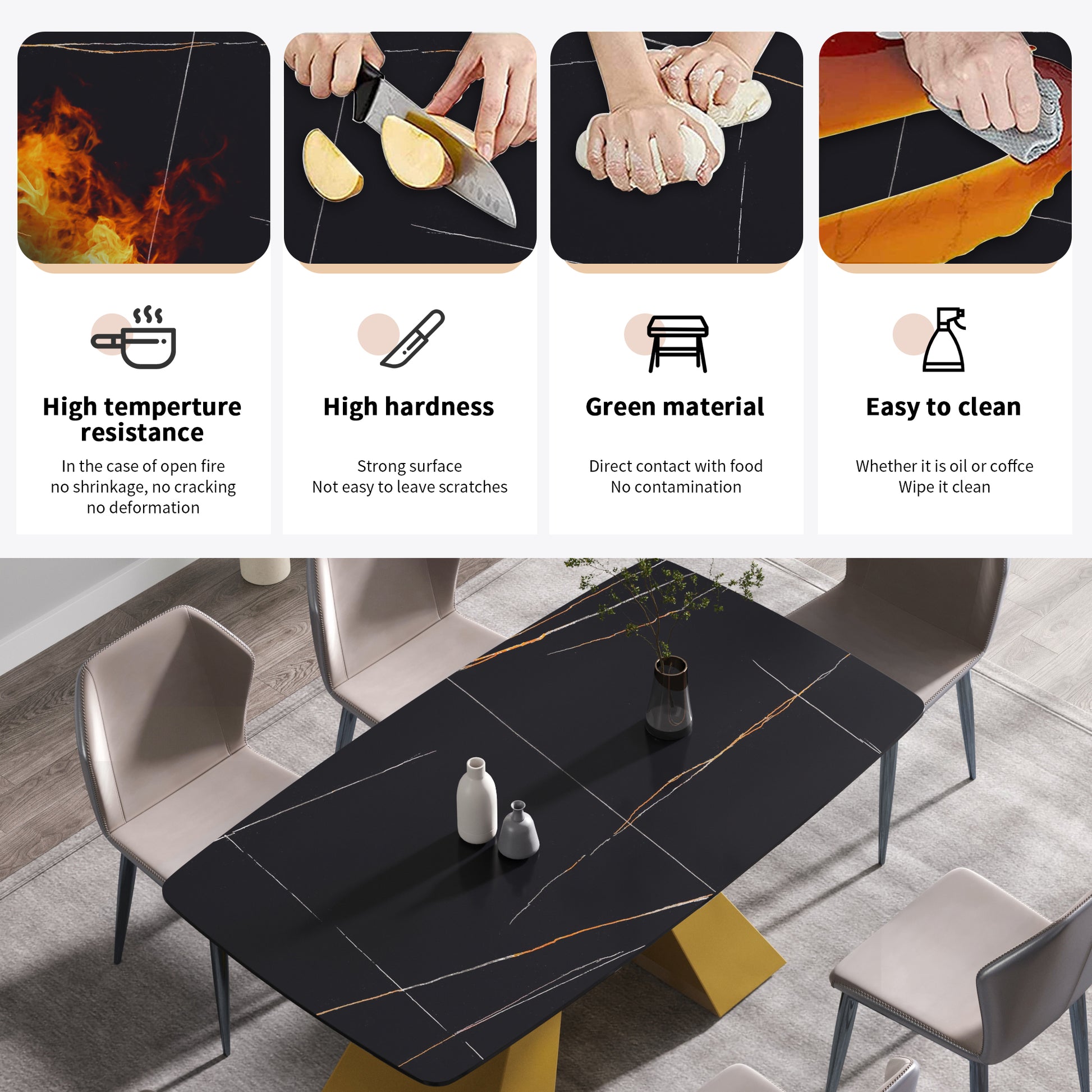 63"Modern Artificial Stone Black Curved Golden Metal Leg Dining Table 6 People Black Metal Sintered Stone