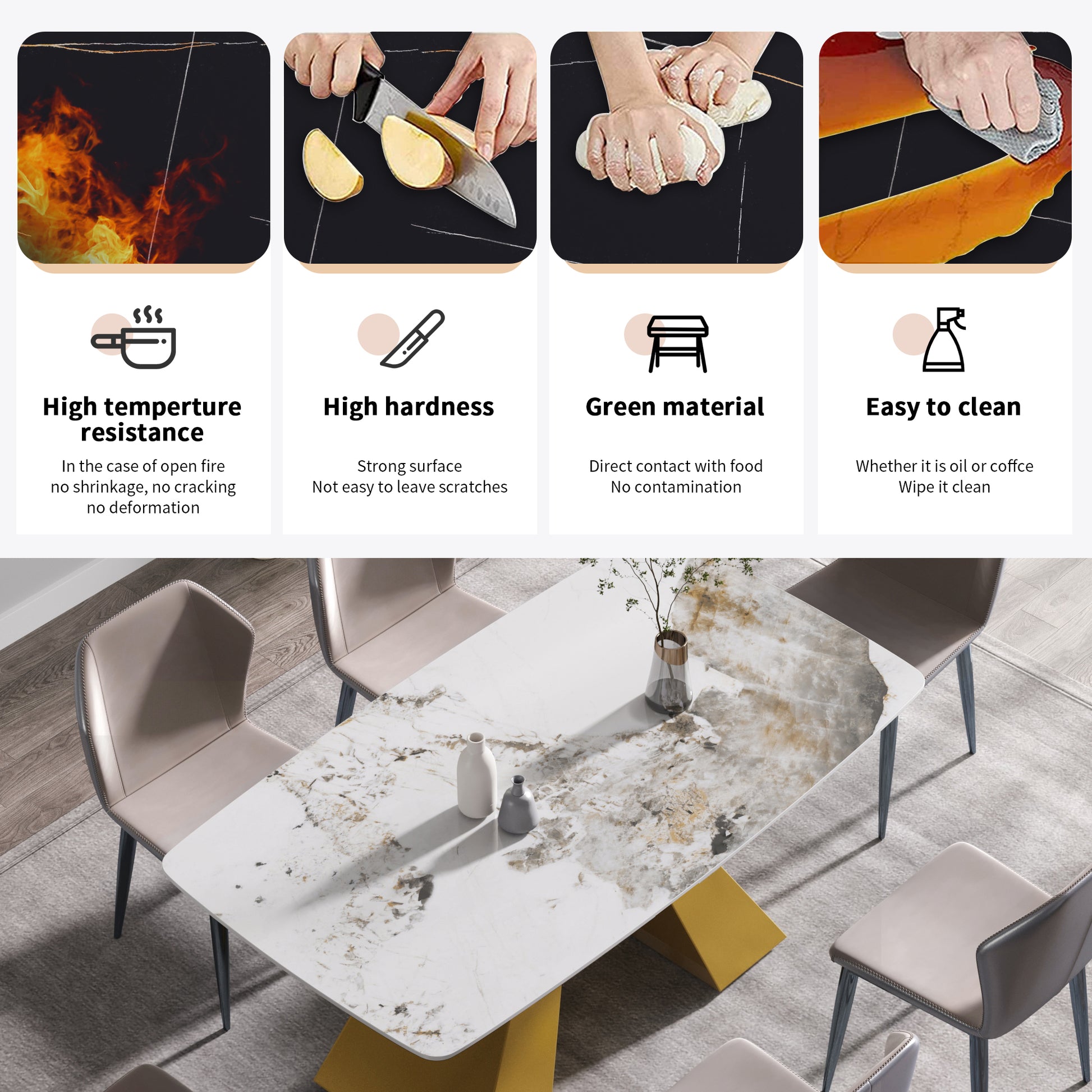 63"Modern Artificial Stone Pandora White Curved Golden Metal Leg Dining Table 6 People Antique White Metal Sintered Stone