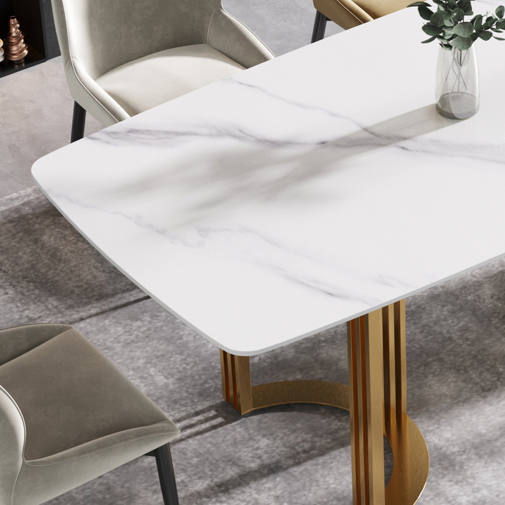63"Modern Artificial Stone White Curved Golden Metal Leg Dining Table 6 People White Metal Sintered Stone