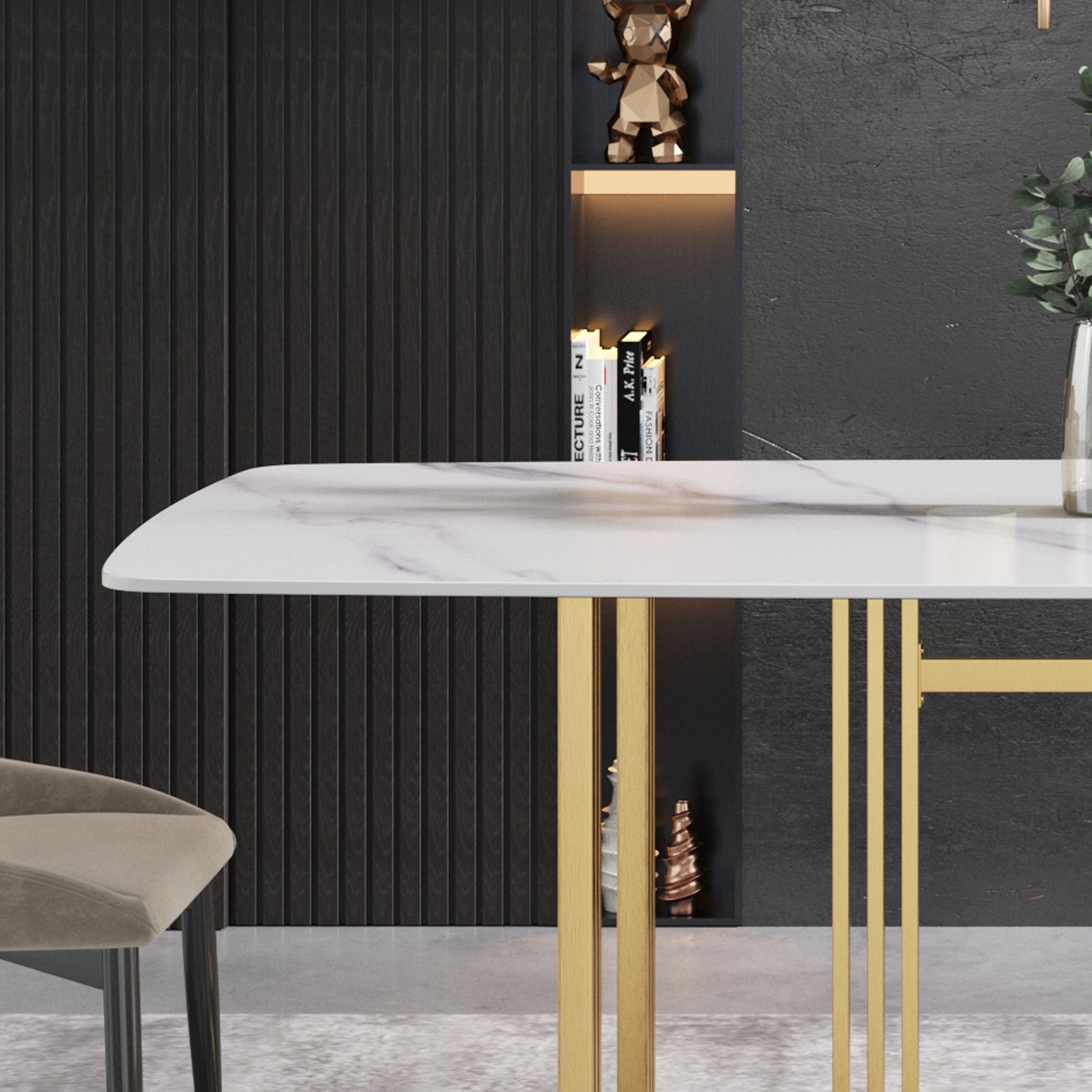 63"Modern Artificial Stone White Curved Golden Metal Leg Dining Table 6 People White Metal Sintered Stone