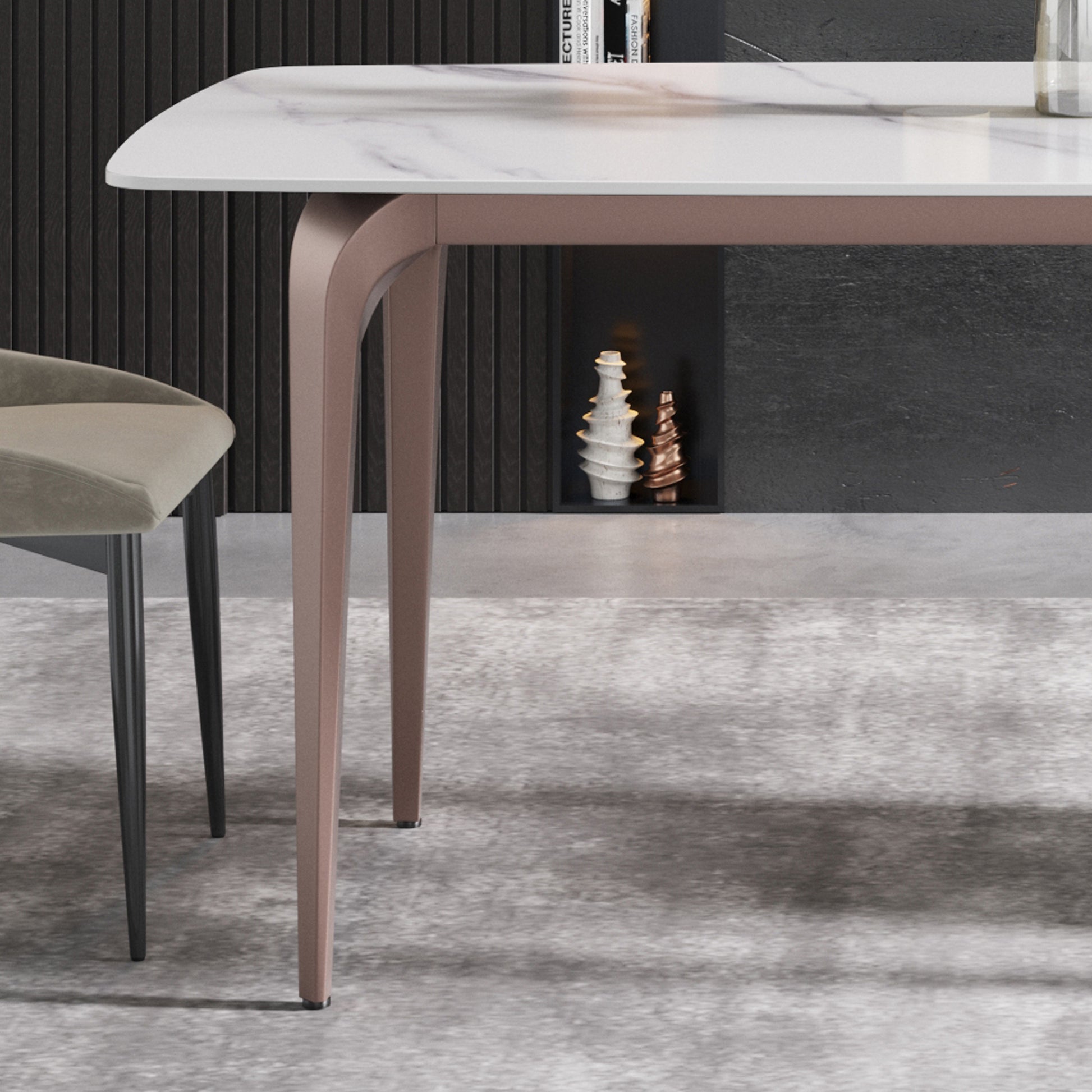 63"Modern Artificial Stone White Curved Metal Leg Dining Table 6 People White Metal Sintered Stone