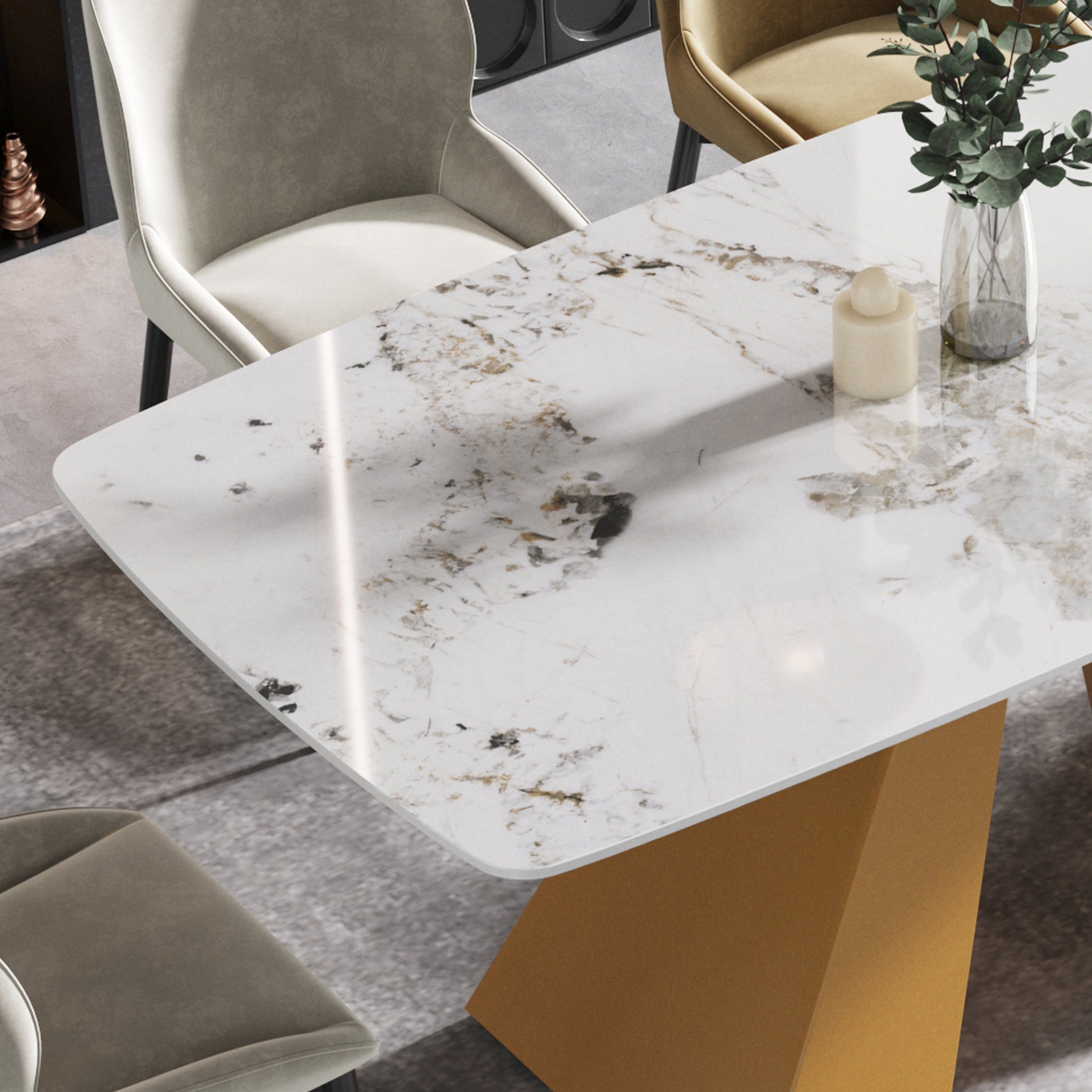 63"Modern Artificial Stone Pandora White Curved Golden Metal Leg Dining Table 6 People Antique White Metal Sintered Stone