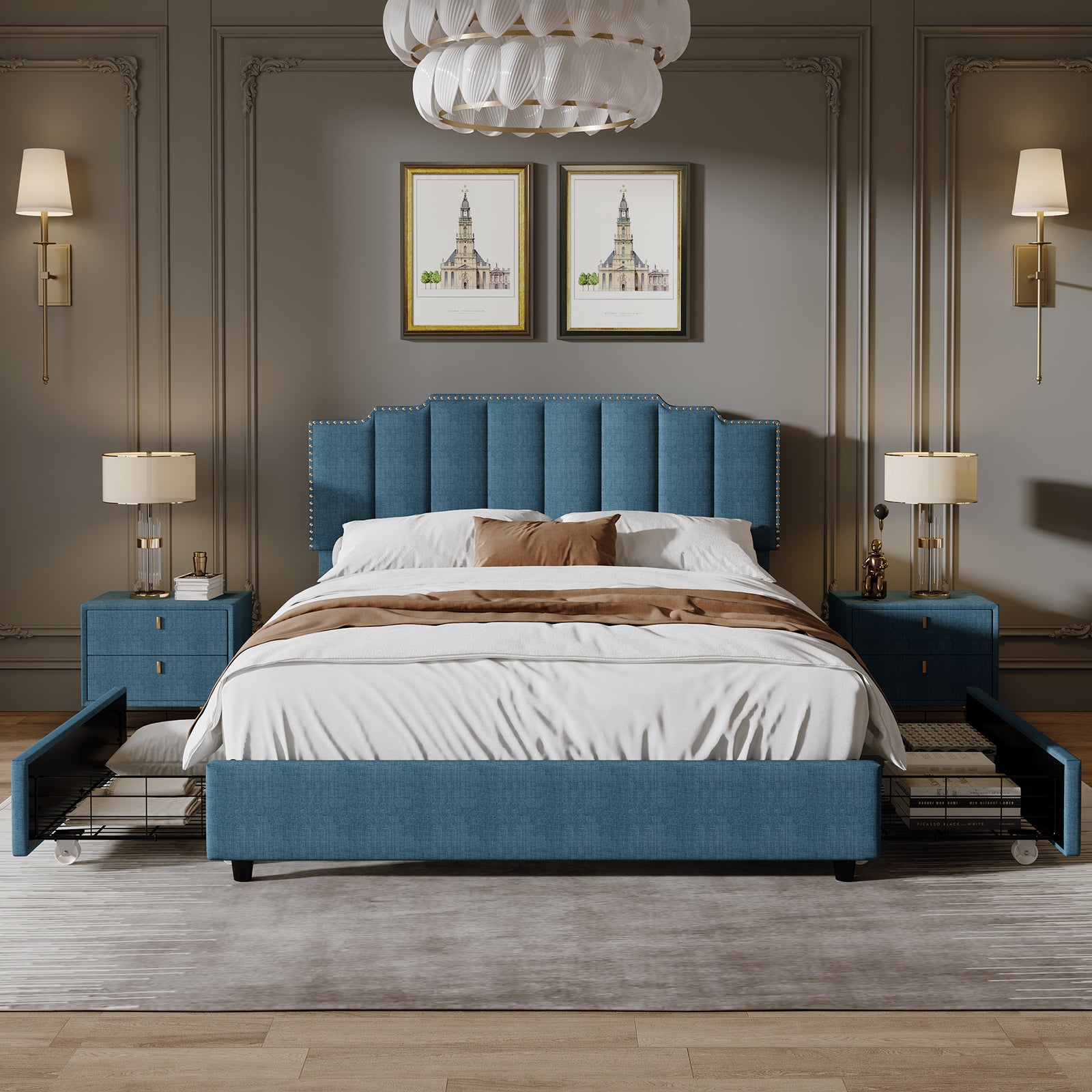 Queen Size Upholstered Platform Bed Linen Bed Frame With 2 Drawers Stitched Padded Headboard With Rivets Design Strong Bed Slats System No Box Spring Needed Blue Queen Blue Cotton Linen