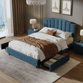 Queen Size Upholstered Platform Bed Linen Bed Frame With 2 Drawers Stitched Padded Headboard With Rivets Design Strong Bed Slats System No Box Spring Needed Blue Queen Blue Cotton Linen