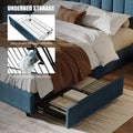 Queen Size Upholstered Platform Bed Linen Bed Frame With 2 Drawers Stitched Padded Headboard With Rivets Design Strong Bed Slats System No Box Spring Needed Blue Queen Blue Cotton Linen