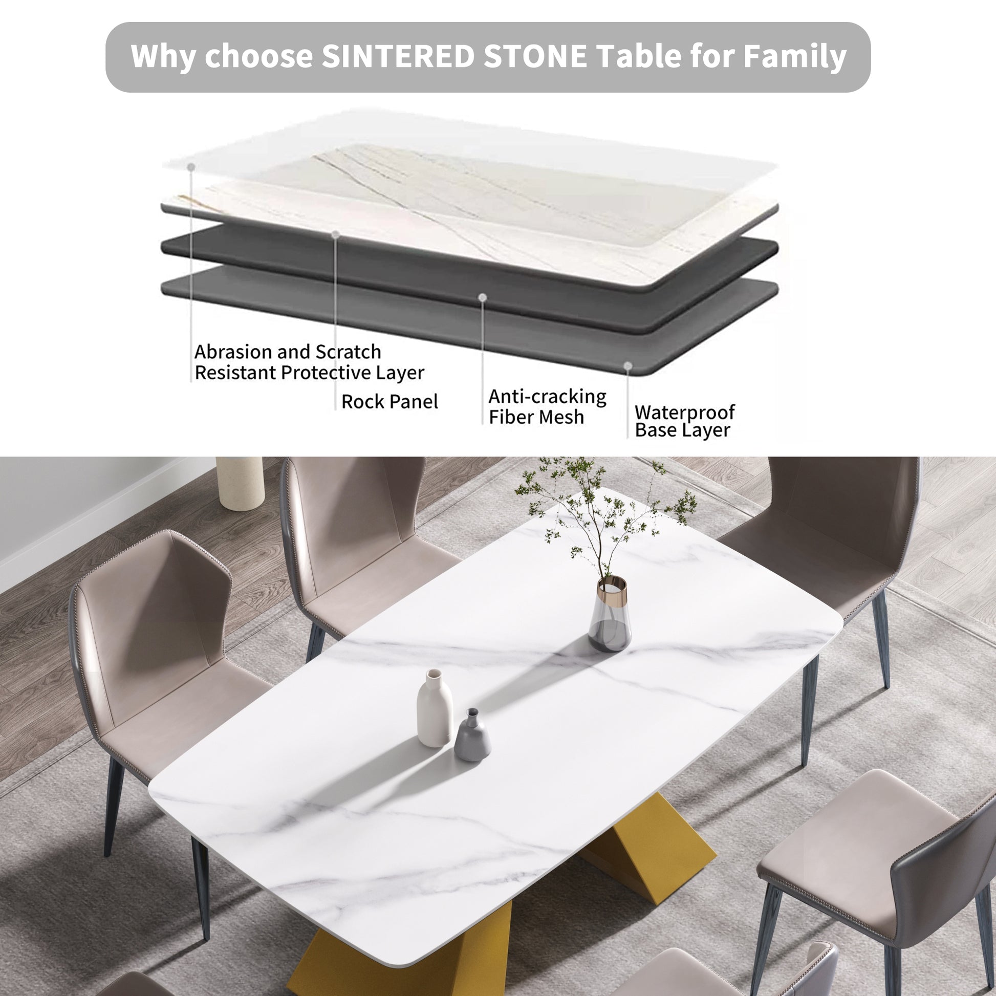 63"Modern Artificial Stone White Curved Golden Metal Leg Dining Table 6 People White Metal Sintered Stone