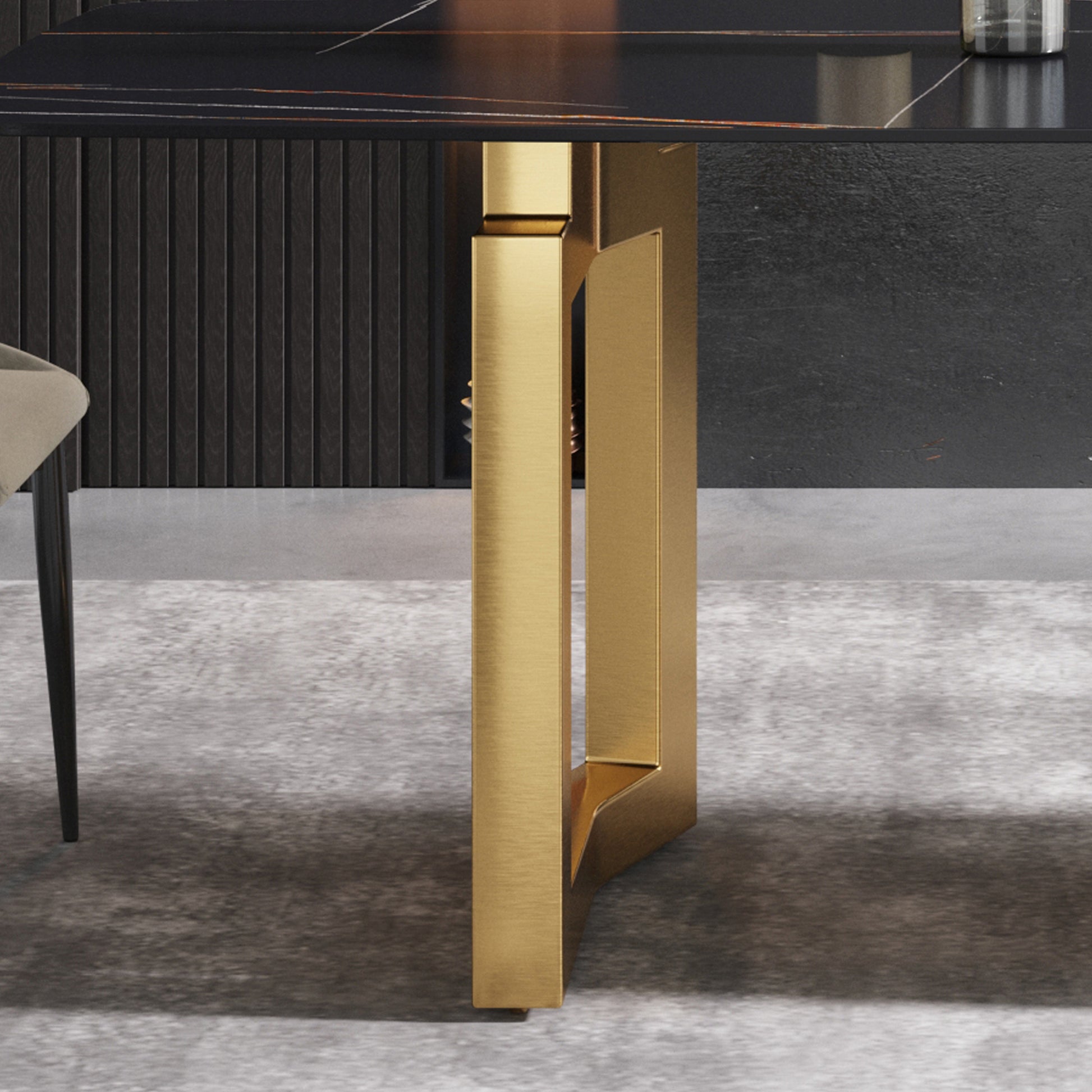 63"Modern Artificial Stone Black Curved Golden Metal Leg Dining Table 6 People Black Metal Sintered Stone