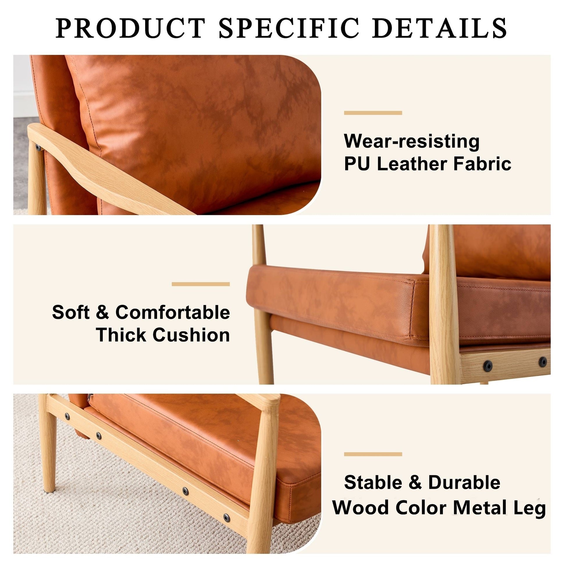 Pu Leather Accent Arm Chair Mid Century Modern Upholstered Armchair With Imitation Solid Wood Color Metal Frame Extra Thick Padded Backrest And Seat Cushion Sofa Chairs For Living Room Sf 010 Brown Foam Pu